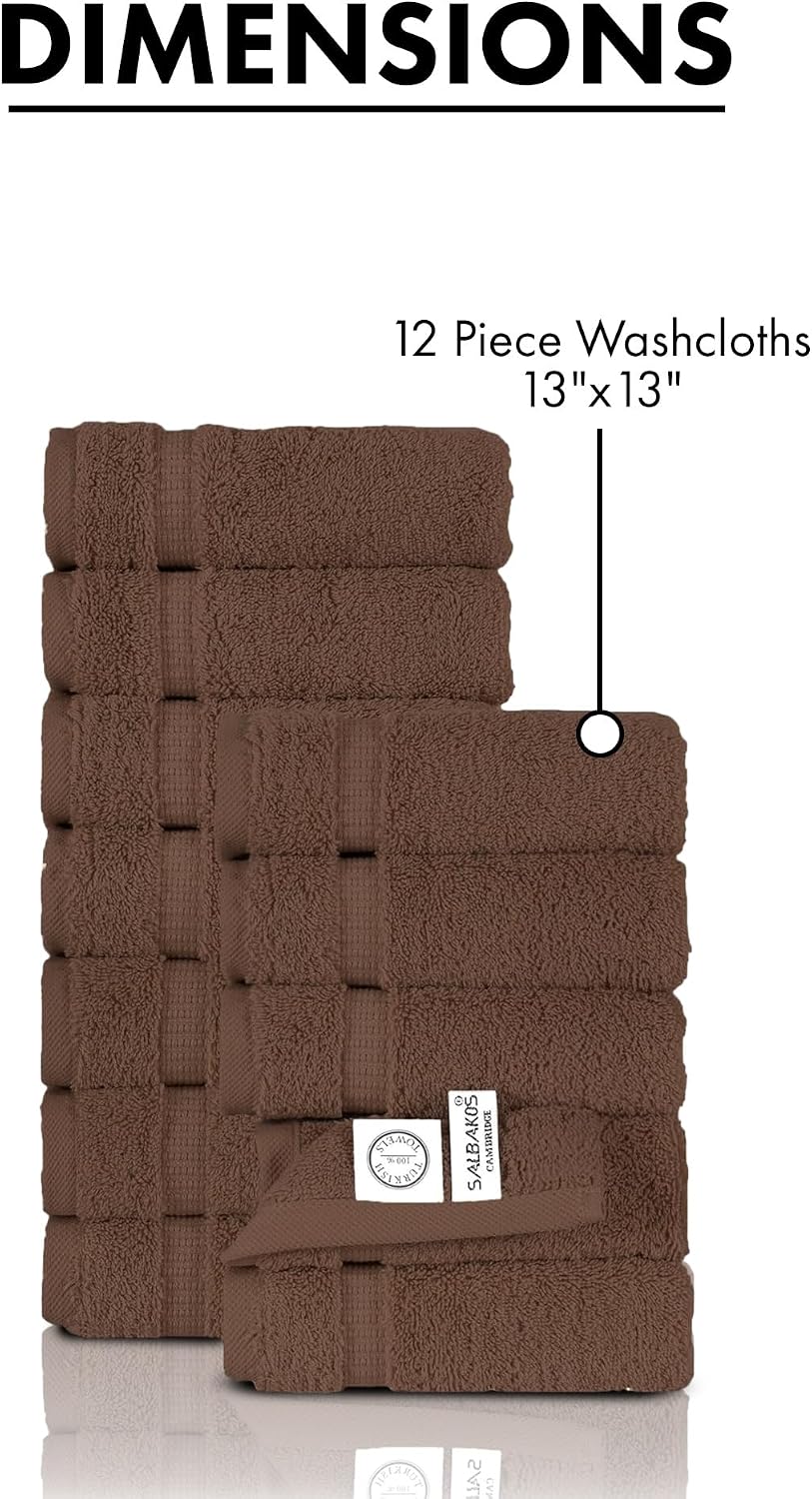 SALBAKOS 12-Piece 100% Turkish Cotton Washcloths and Face Towels, Chocolate | 13x13 in Standard Size Small Towel