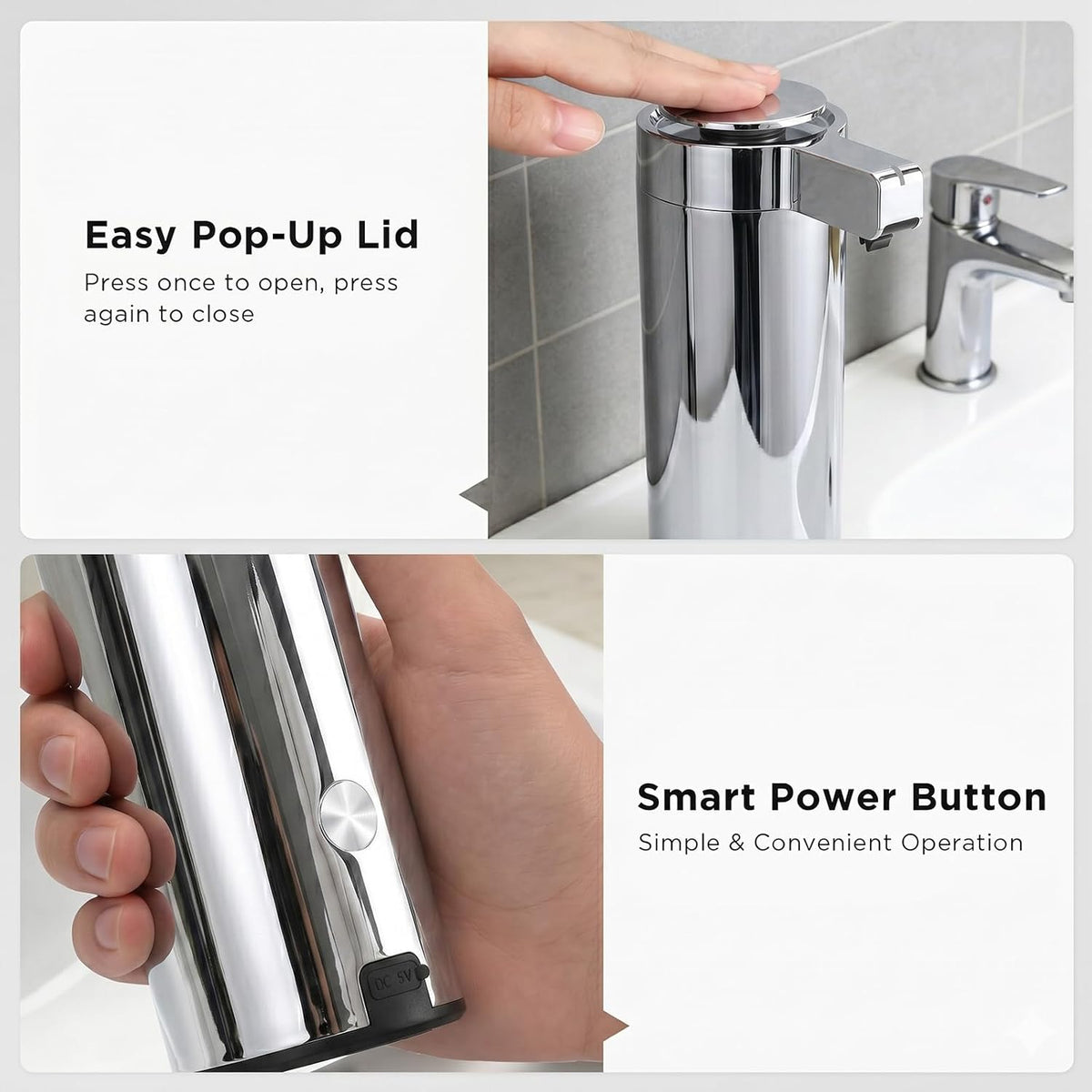 Newise Automatic Soap Dispenser with 3 Adjustable Dispensing Modes, 9 oz Touchless Sensor Stainless Steel, Rechargeable