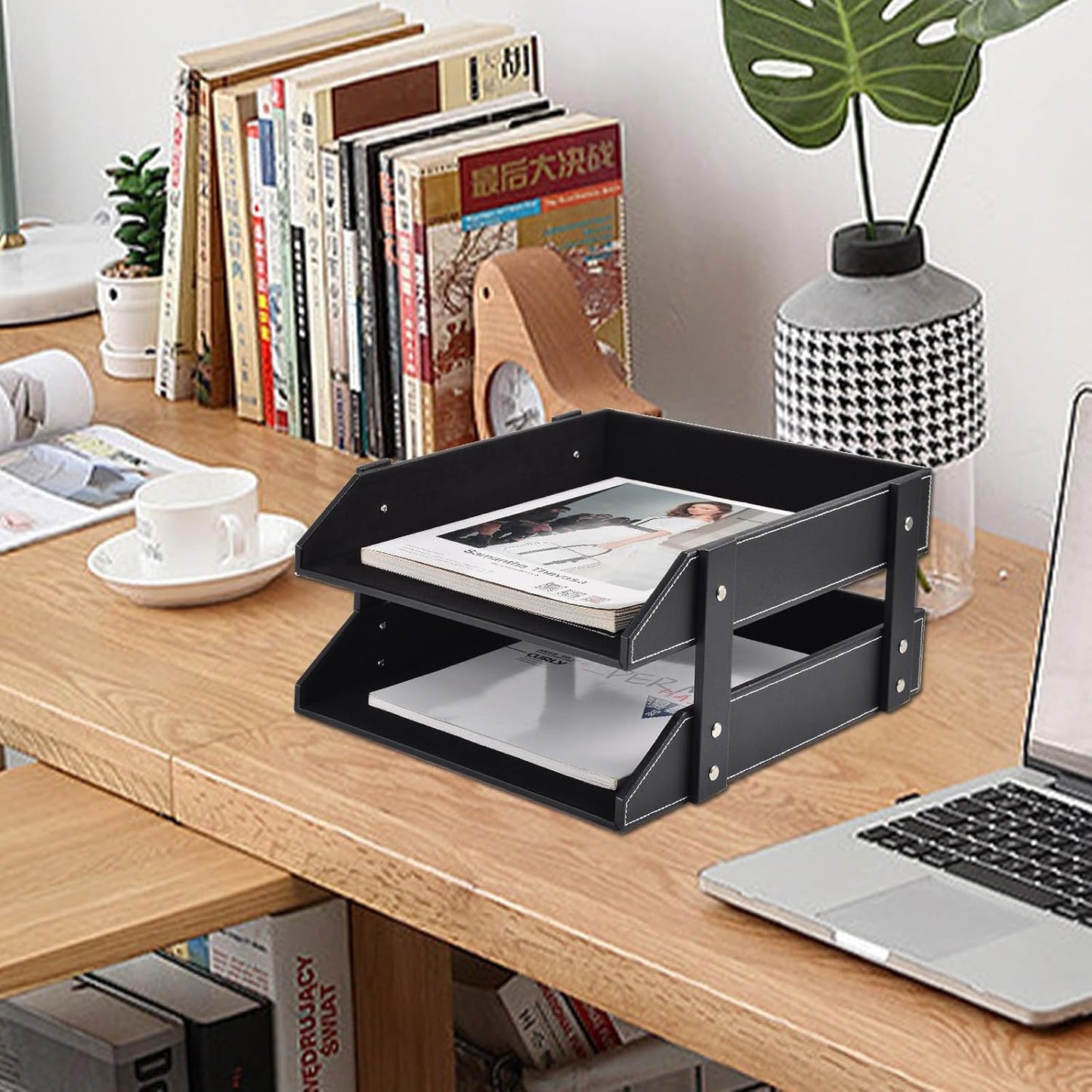 Leather Desk Organizer,2-Tier Stackable Letter Tray Holder,Office Supplies Desktop Storage Box for
