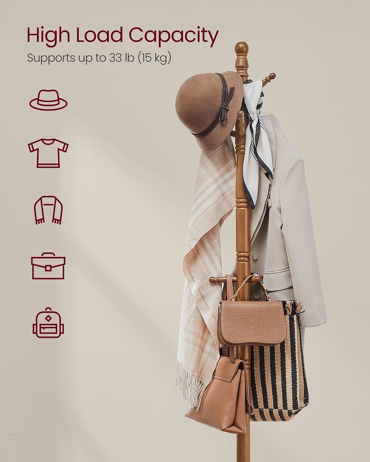 VASAGLE Solid Wood Coat Rack and Stand, Free Standing Hall Coat Tree with 10 Hooks for Hats, Bags, Purses, for