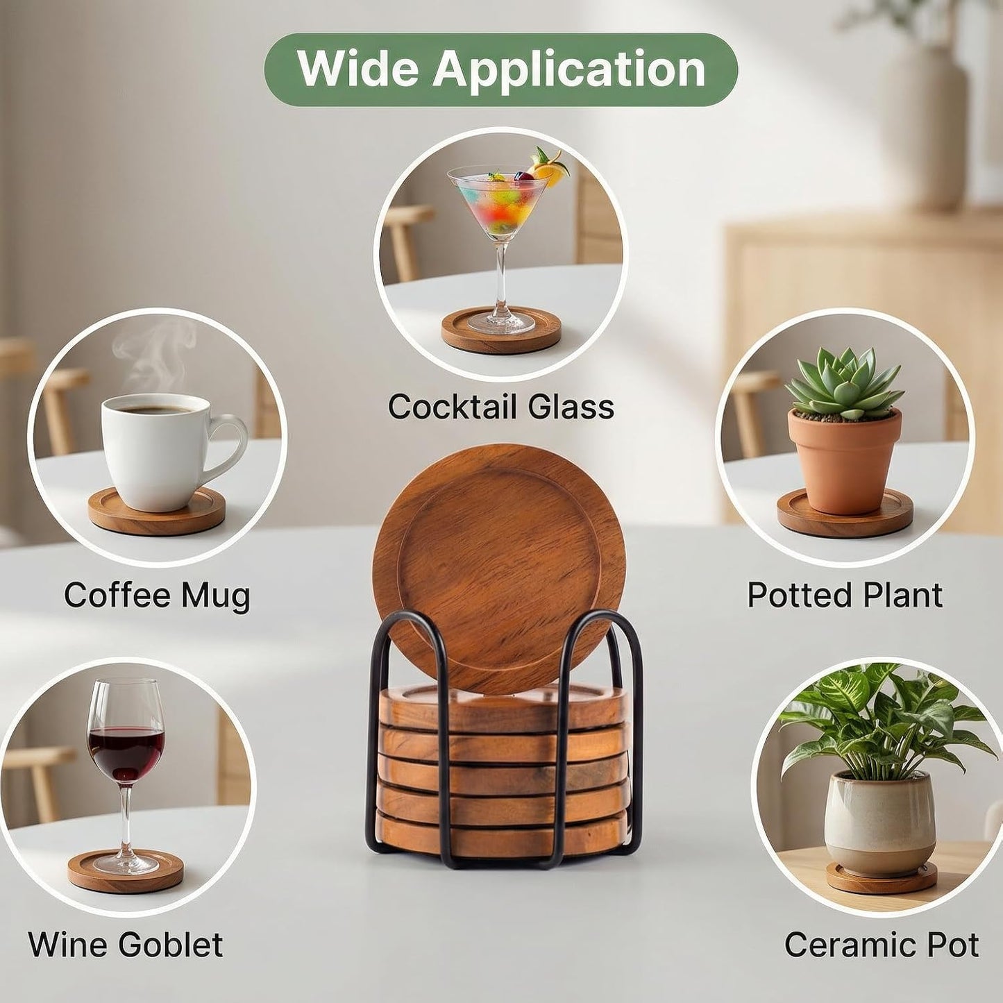Holder / Acacia Wood Coasters / Round / Set of 6