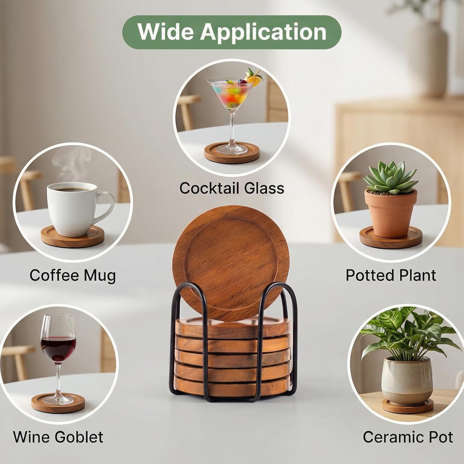 Holder / Acacia Wood Coasters / Round / Set of 6