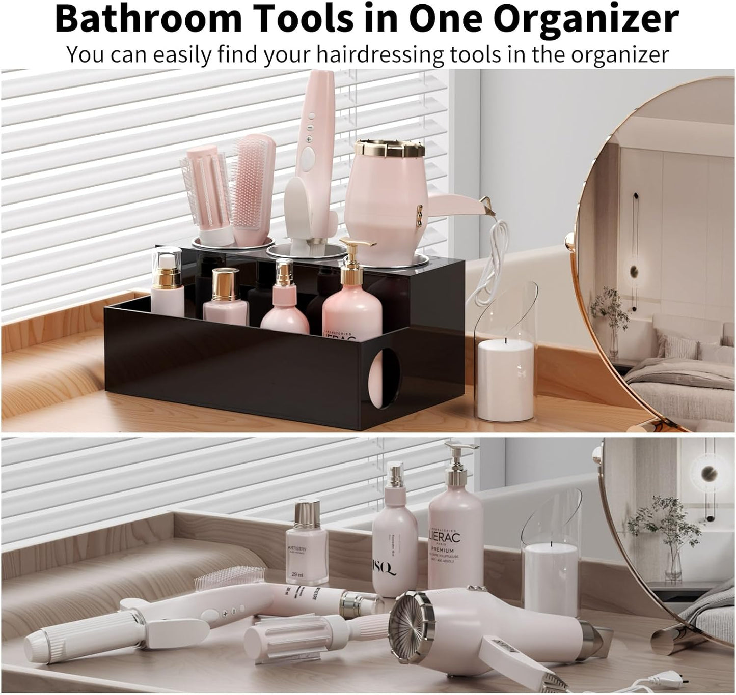 NIUBEE Acrylic Hair Tool Organizer,Hair Dryer Holder Countertop with 3 Cups | Black, Hot Tools Organizer, Hair Blow