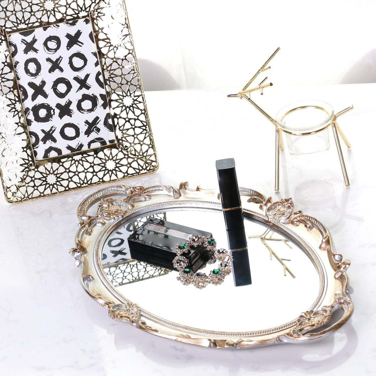 Serving Tray / Makeup Organizer / Golden Silver / 9.8 x 14.6