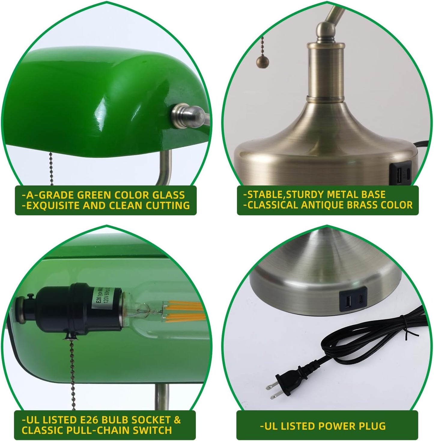 Banker Desk Lamp Green Glass, Antique Desk Lamps with Brass Base, Traditional Library Table Lamp with USB A and Type C