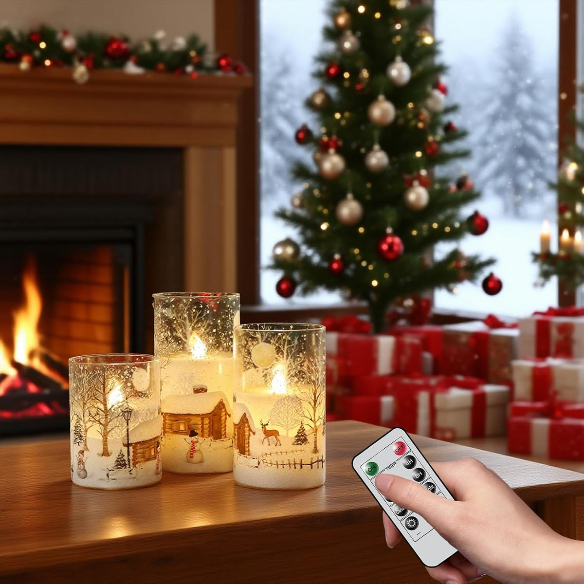 Snowman Glass Flameless Candles Rechargeable Battery Operated | Remote and Timer LED Pillar Candles Flickering, Cold