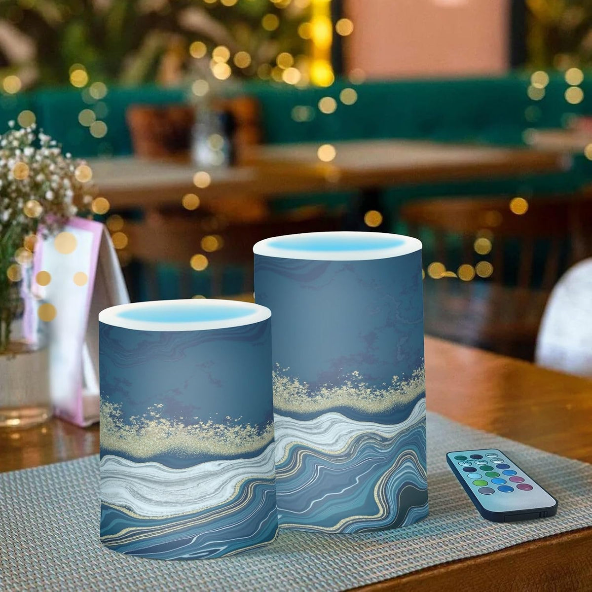Flickering Flameless Candles, Navy Blue Marble Golden Veins LED Candles with Remote Timer, Set of 2 Battery Operated