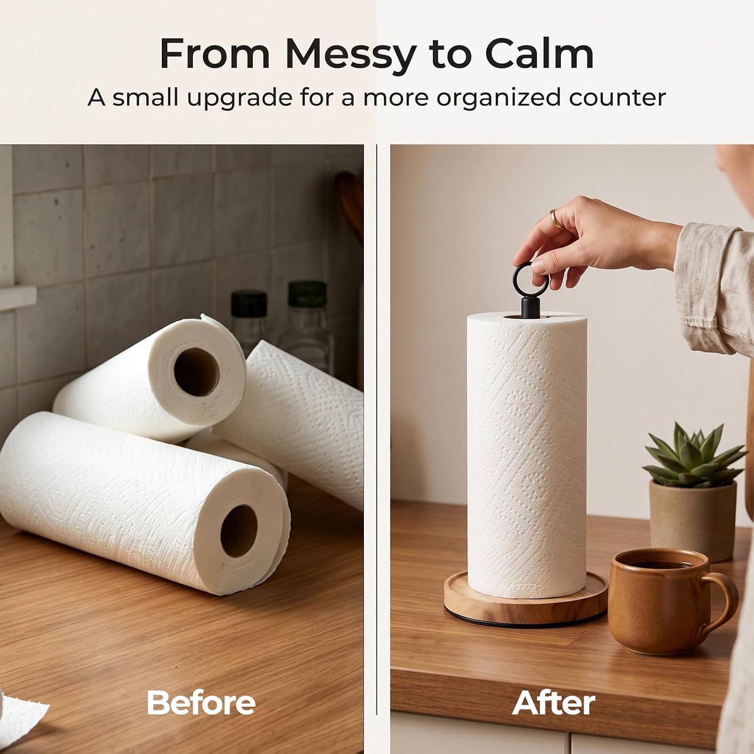 WILDMOS Paper Towel Holder Countertop, Solid Acacia Wood with Thick Metal Base, Black Freestanding Paper Towel Holder