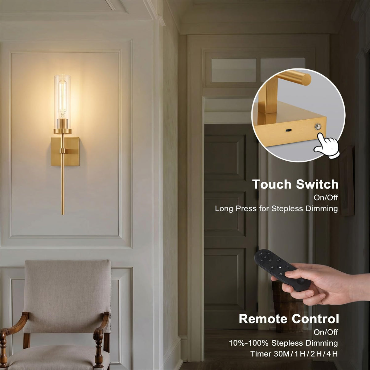 Wireless Wall Sconces with Remote Control, Brushed Gold Battery Operated Wall Sconce Set of 2, Dimmable Rechargeable