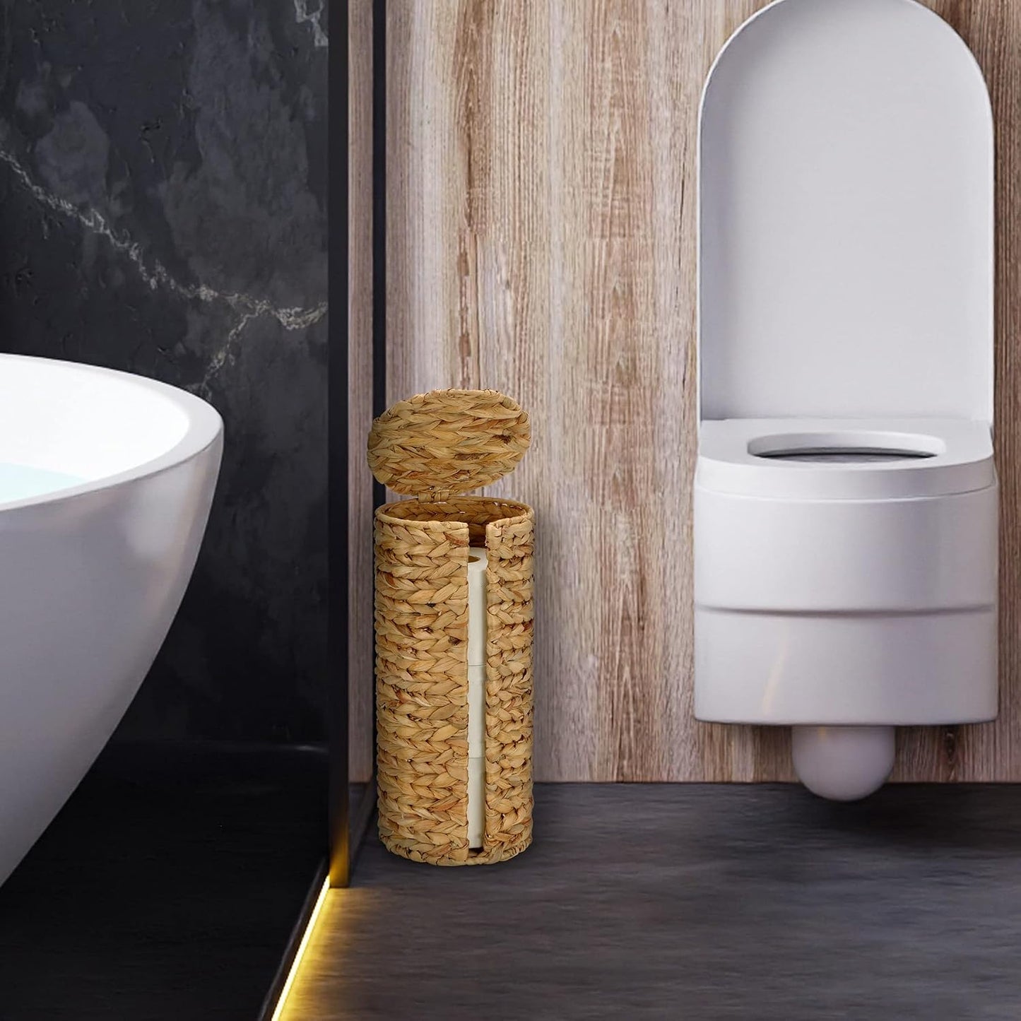 Graciadeco Stand Paper Storage with Lid Spare Extra 3 Rolls of Toilet Tissue Holder Free Standing Water Hyacinth Wciker