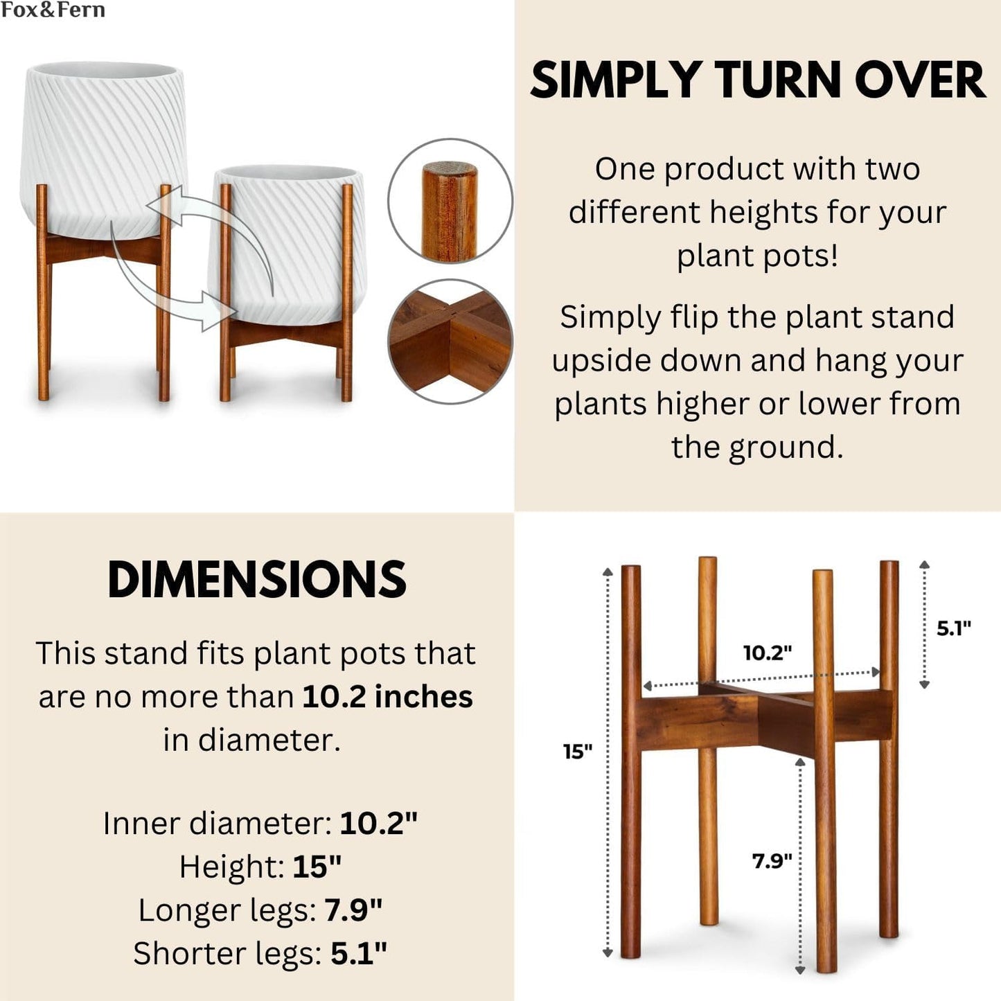 Fox & Fern Mid Century Plant Stands for Indoor Planters, Acacia, 10 Inch | Plug In Design, Holds 175 lbs, Two High