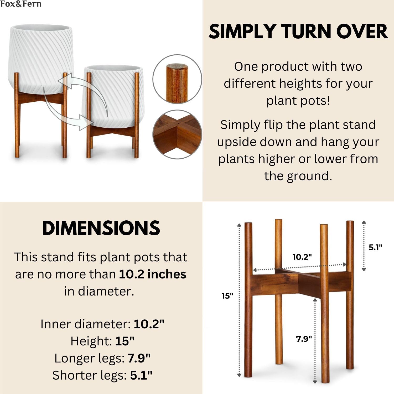 Fox & Fern Mid Century Plant Stands for Indoor Planters, Acacia, 10 Inch | Plug In Design, Holds 175 lbs, Two High