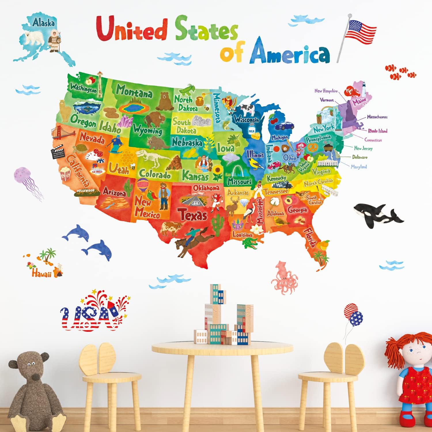 SG2-2307 Colourful USA Wall Stickers Decals Peel and Stick Removable for Kids Nursery Bedroom Living