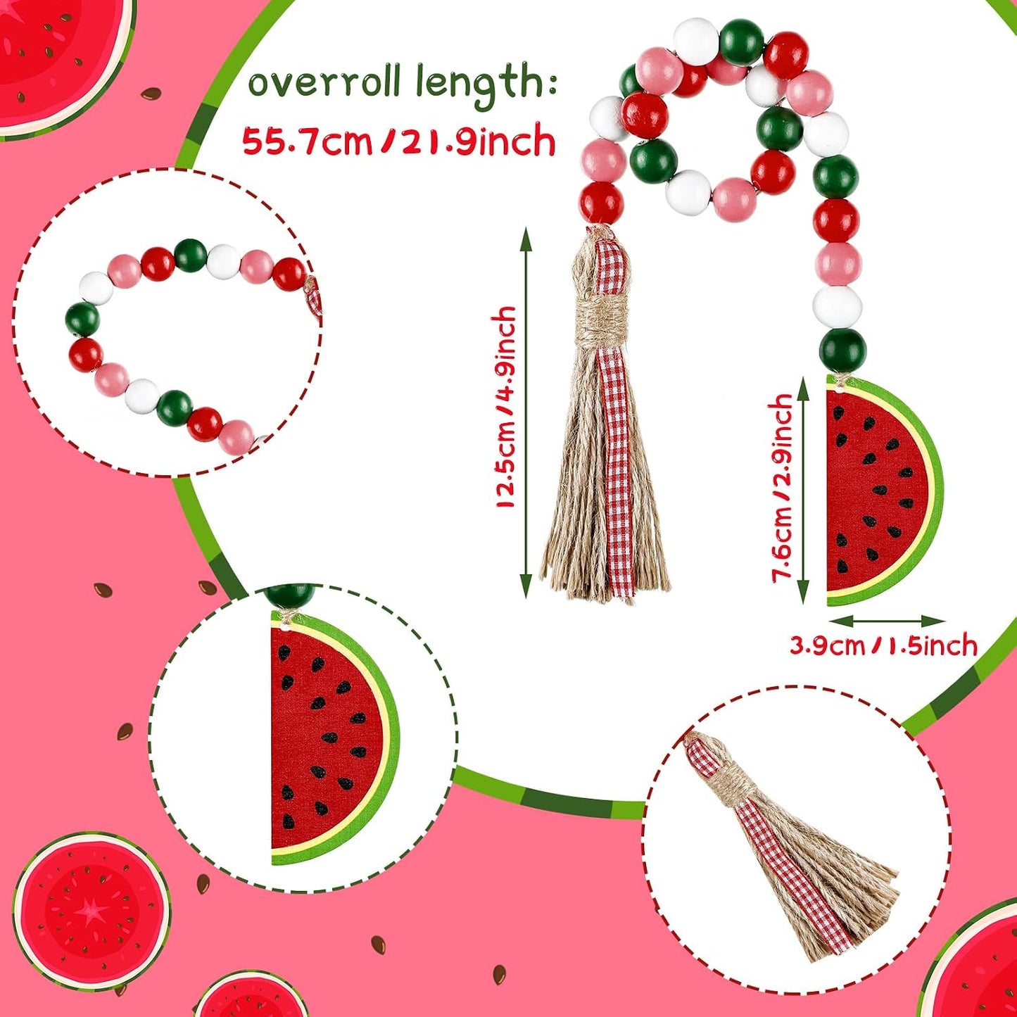 Watermelon Tiered Tray Decor Rustic Farmhouse Summer Wooden Bead Garland / Set of 6