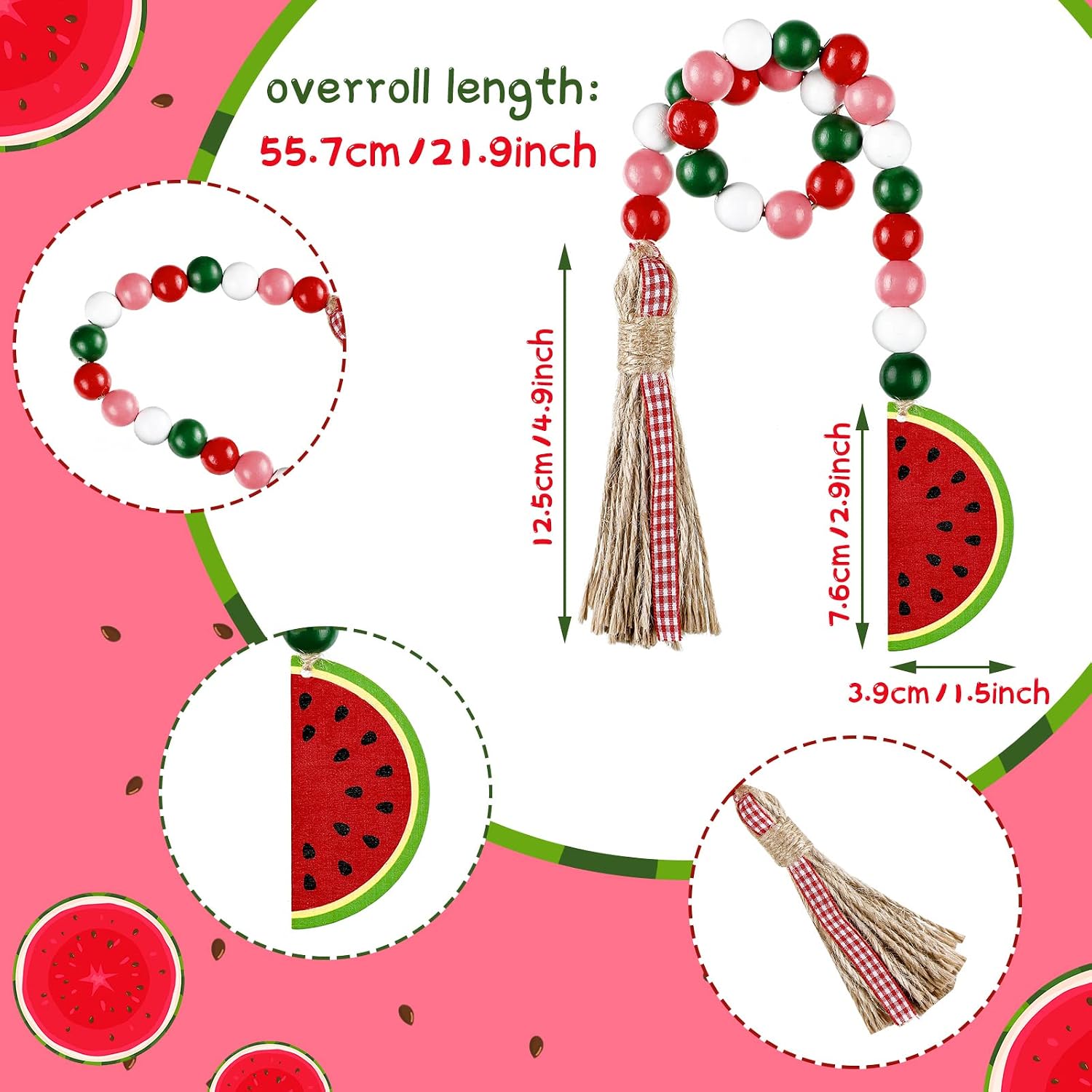 Watermelon Tiered Tray Decor Rustic Farmhouse Summer Wooden Bead Garland / Set of 6