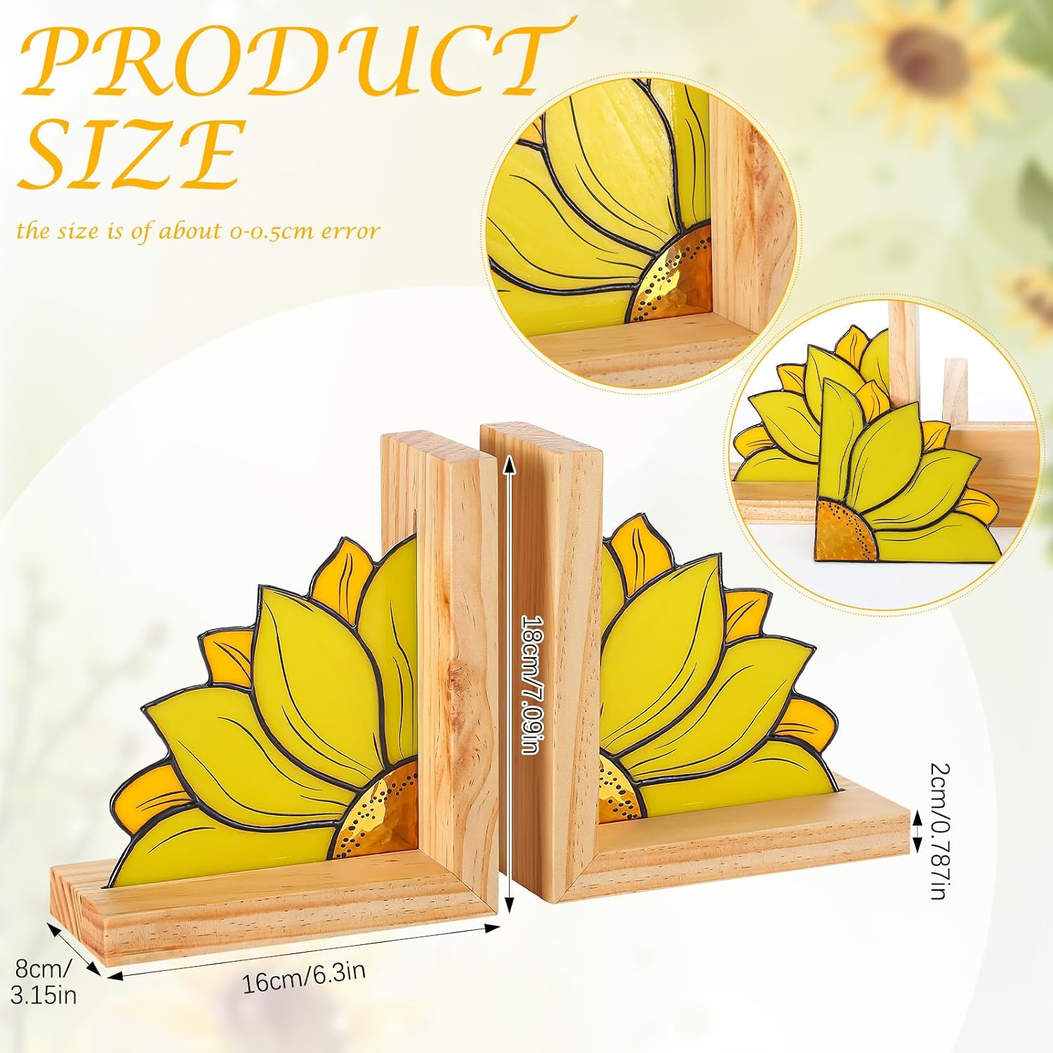 Oak Wood Base Stained Glass Novelty Bookends Organizer Book Ends / Sunflower / Yellow
