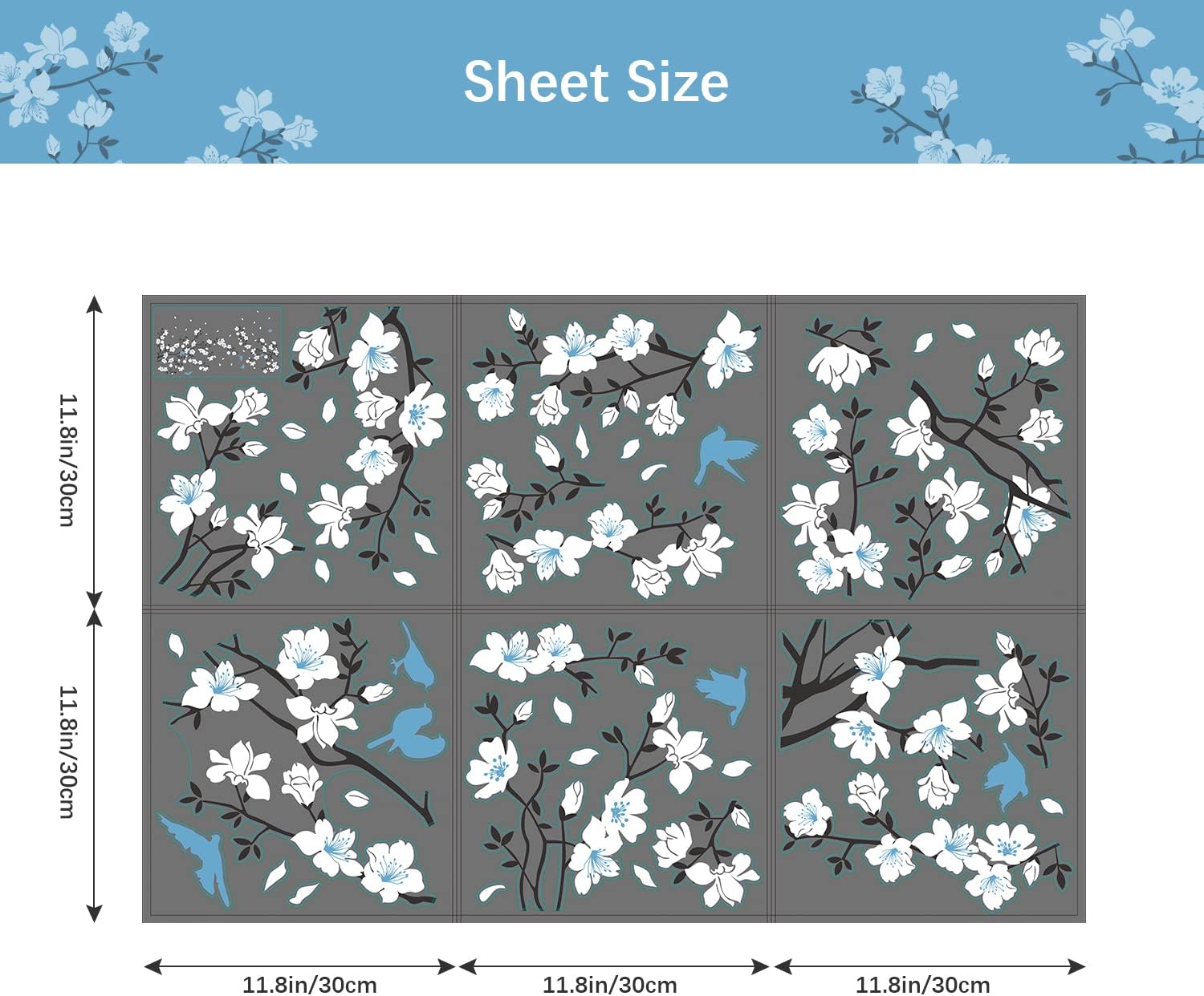 Wall Stickers / Cherry Blossom Wall Decal Birds on Tree Branch Art Sticker / Blue White Flower