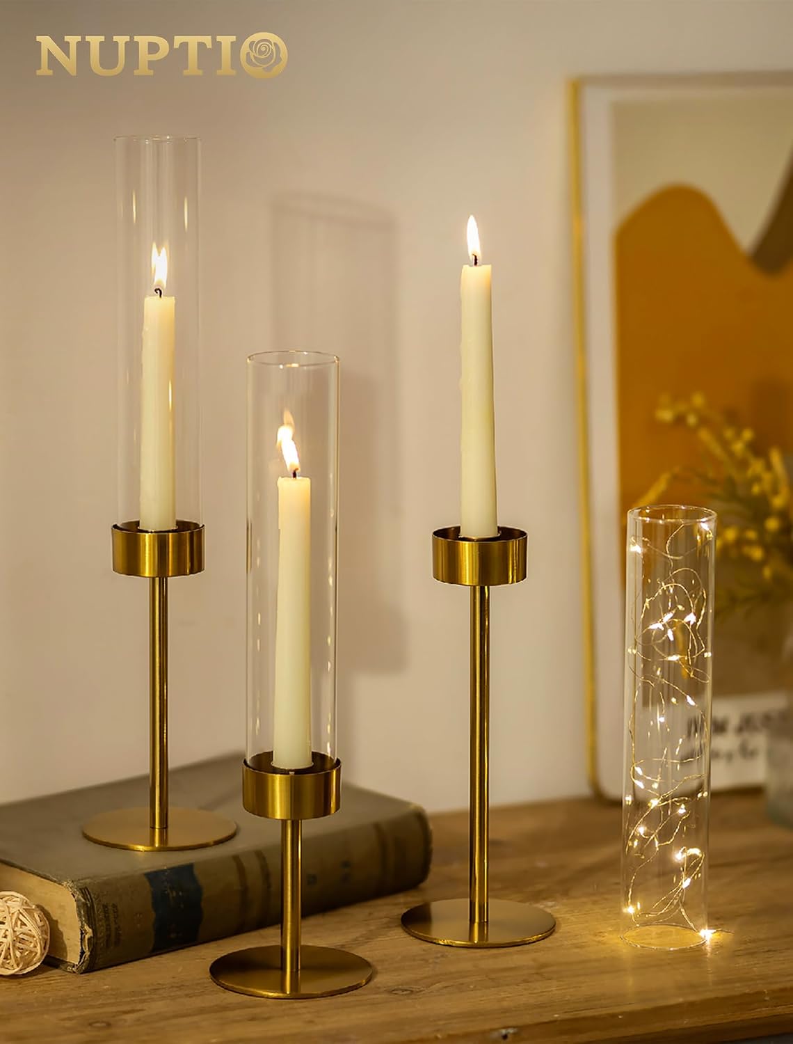 NUPTIO Candlestick Holders for Table Centerpiece, Set of 3 Gold Decor | Candle Sticks Holder with Clear Glass