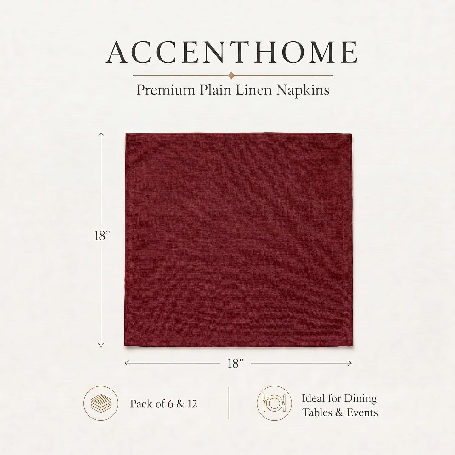 ACCENTHOME Burgundy Cotton Linen Napkin Set of 12 18x18 inch Dinner | Cotton Linen Blend Napkins, Machine Wash On