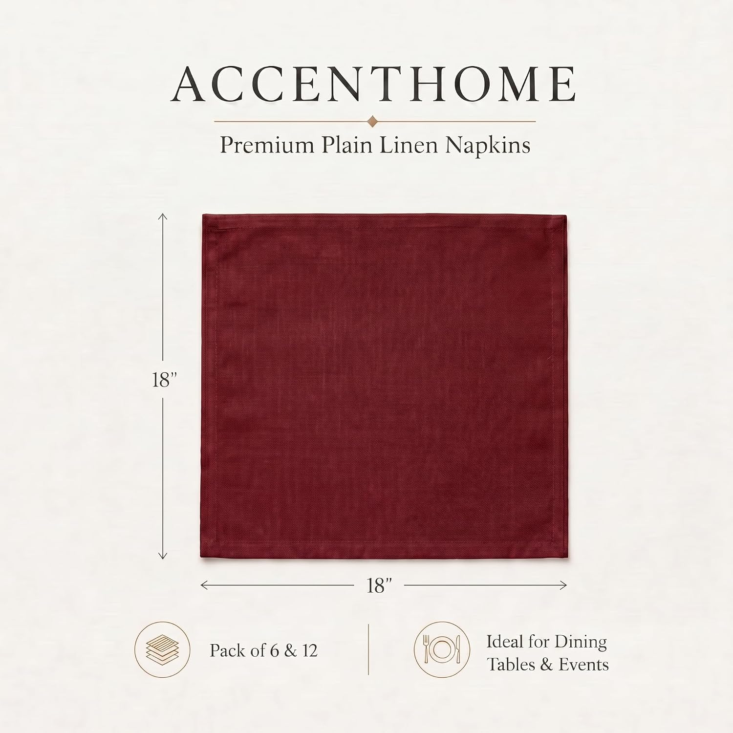 ACCENTHOME Burgundy Cotton Linen Napkin Set of 12 18x18 inch Dinner | Cotton Linen Blend Napkins, Machine Wash On