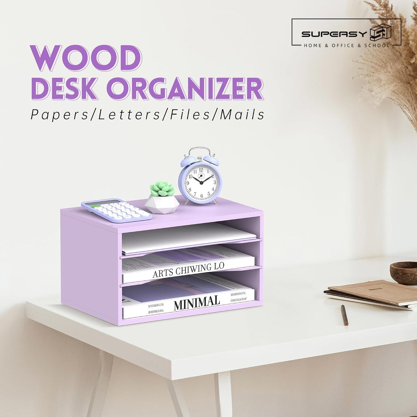 3 Tier Wood Desk Organizer, Paper Organizer for Desk, Purple | Wooden Desktop Organizer for Sorting Papers, Letters and
