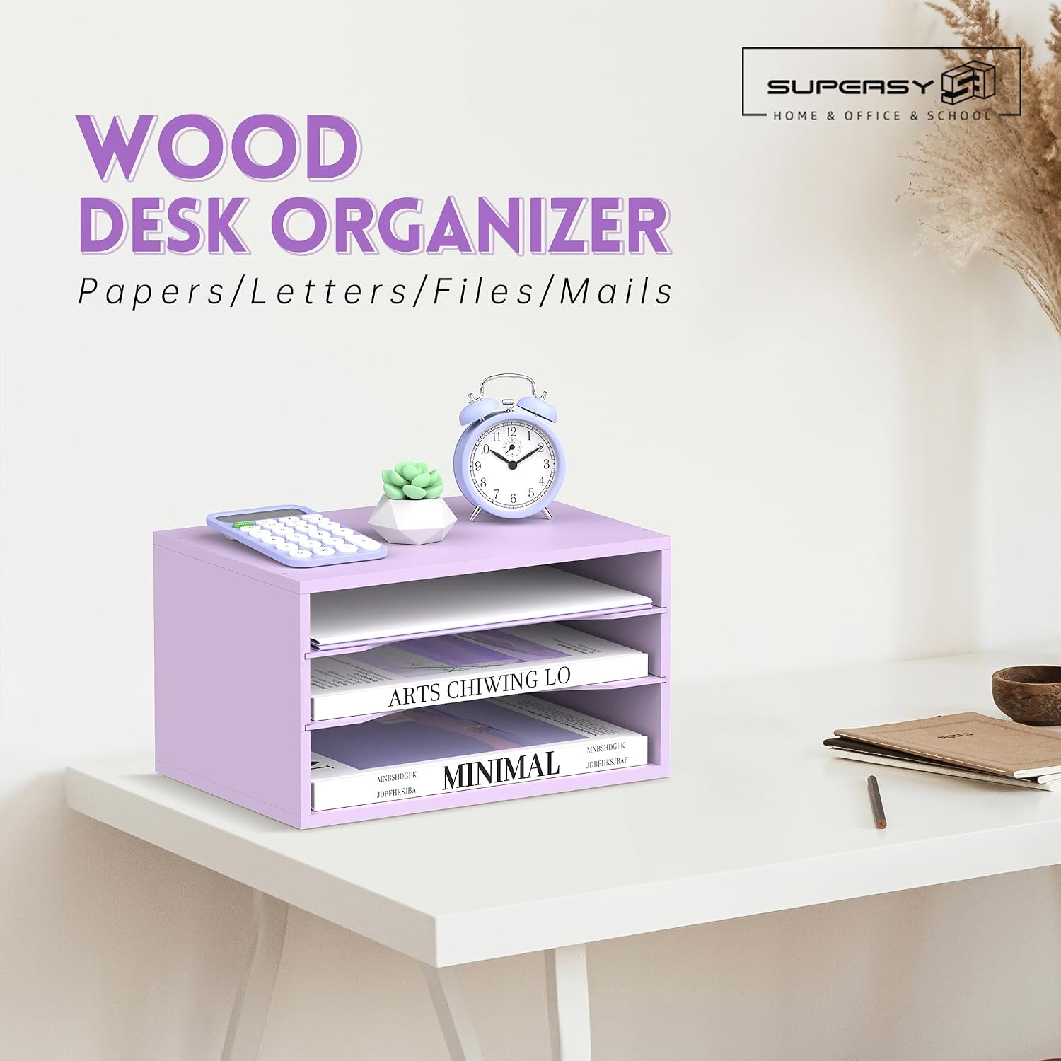 3 Tier Wood Desk Organizer, Paper Organizer for Desk, Purple | Wooden Desktop Organizer for Sorting Papers, Letters and