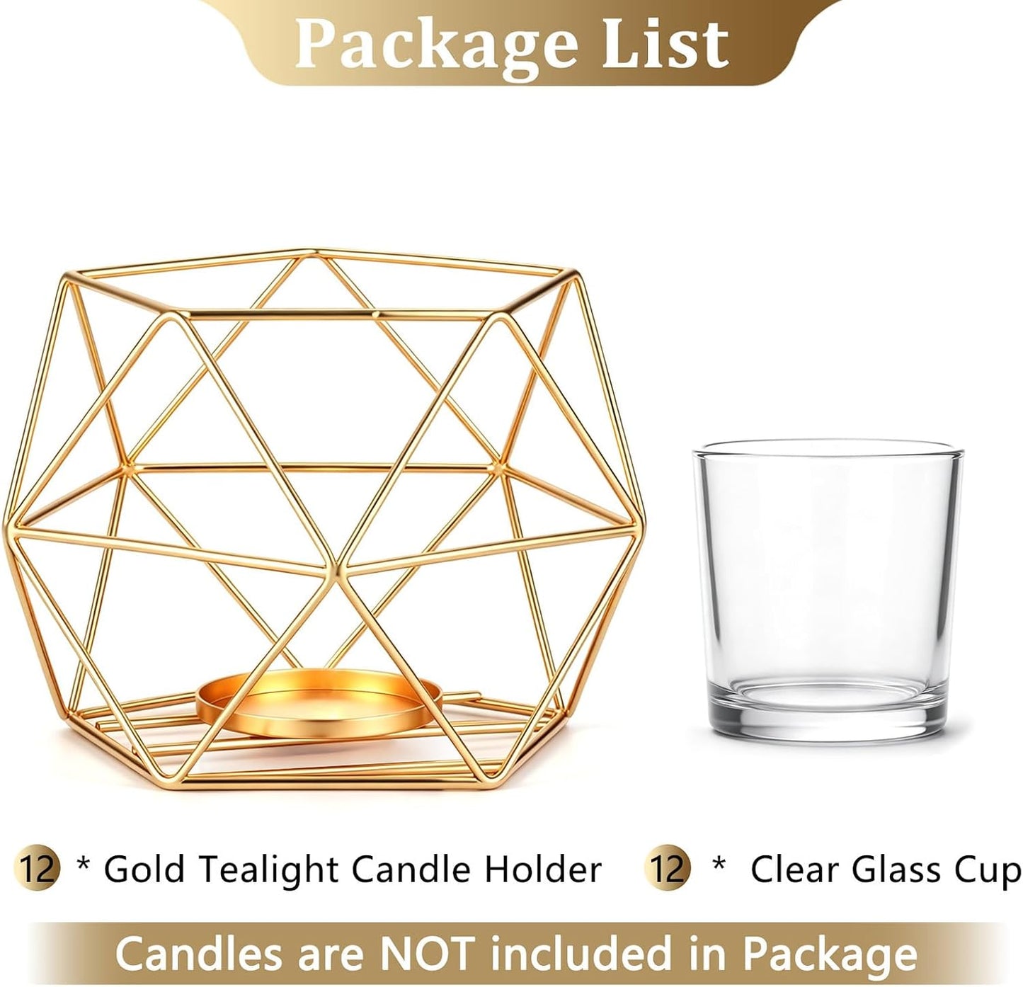 Hewory Geometric Tealight Candle Holders, 12 Pcs Wedding Table Centerpieces | Gold Candle Holders with Clear Cups, for