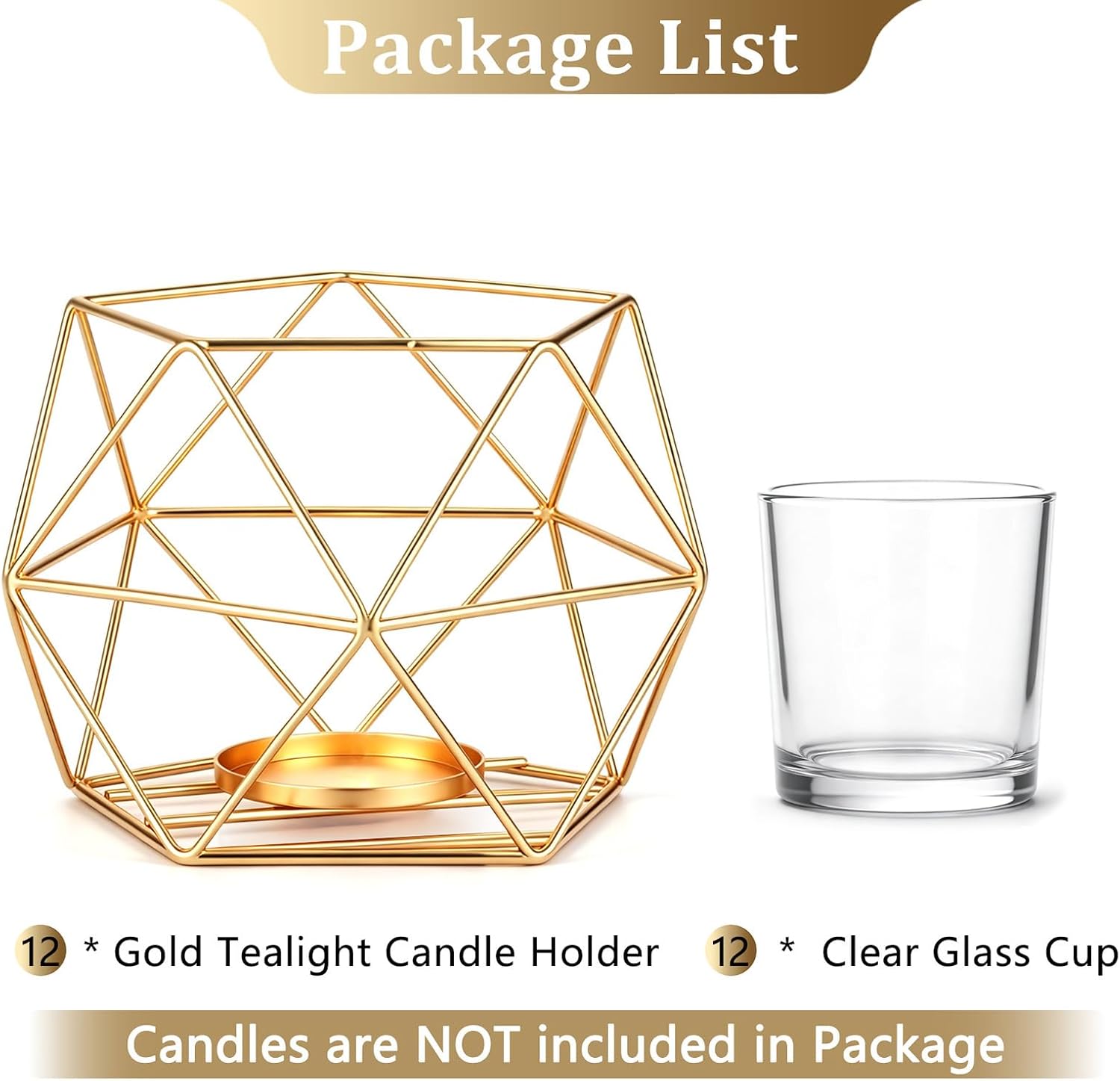 Hewory Geometric Tealight Candle Holders, 12 Pcs Wedding Table Centerpieces | Gold Candle Holders with Clear Cups, for
