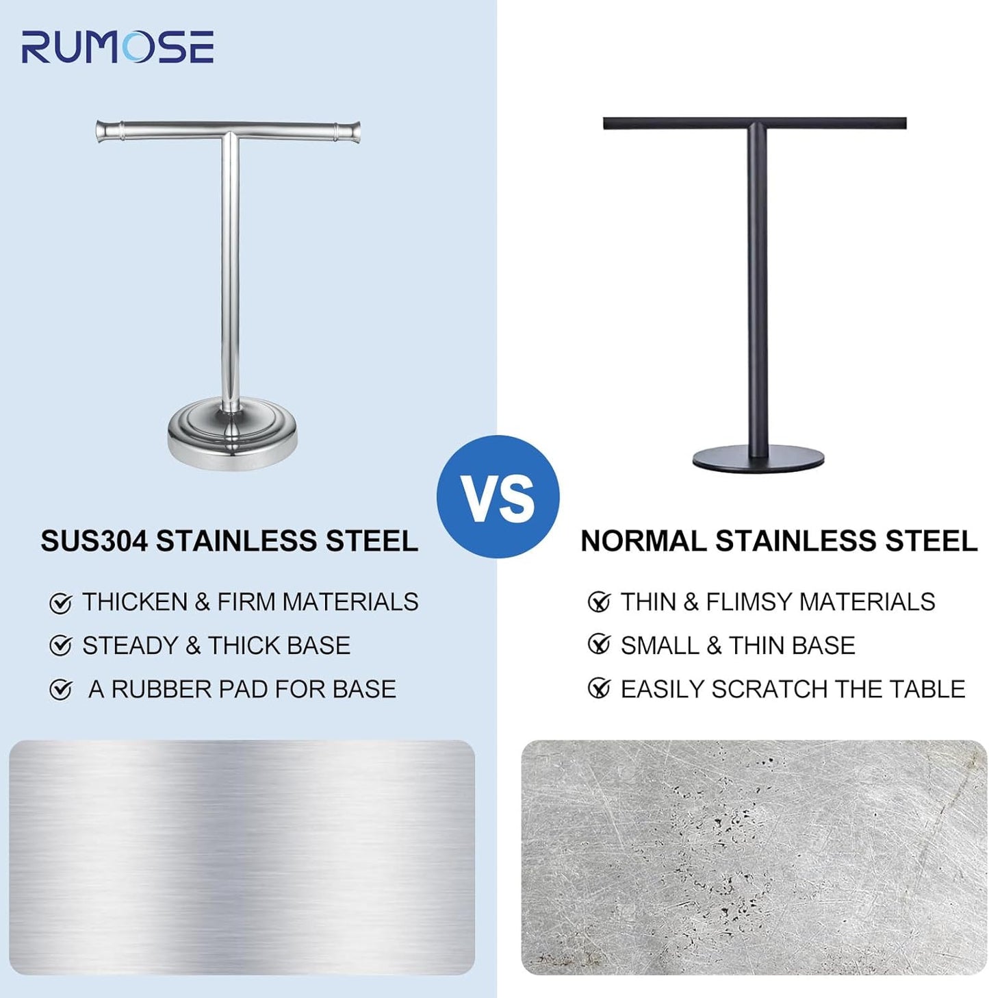 RUMOSE Polished Chrome Hand Towel Holder Stand Countertop Towel Rack | 13 Inch Bathroom Kitchen Vanity T-Shape Towel