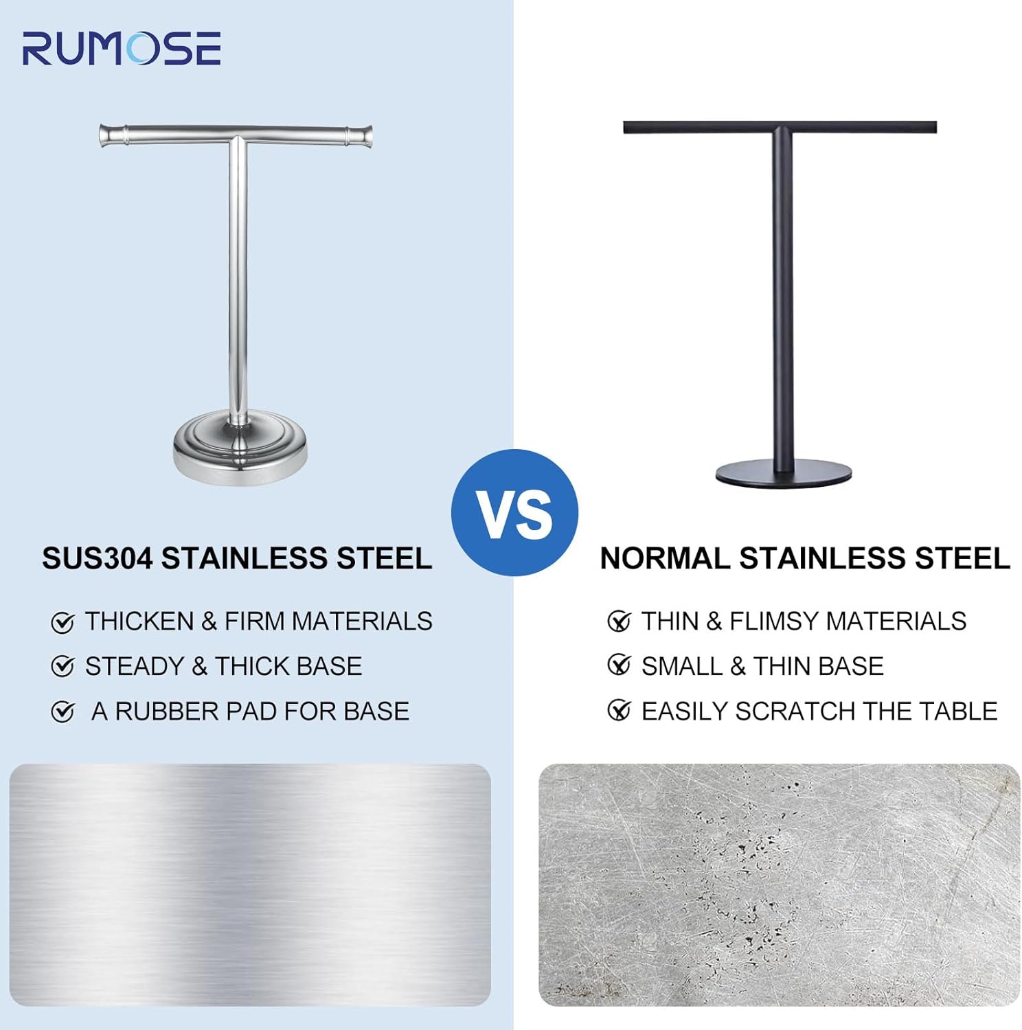 RUMOSE Polished Chrome Hand Towel Holder Stand Countertop Towel Rack | 13 Inch Bathroom Kitchen Vanity T-Shape Towel