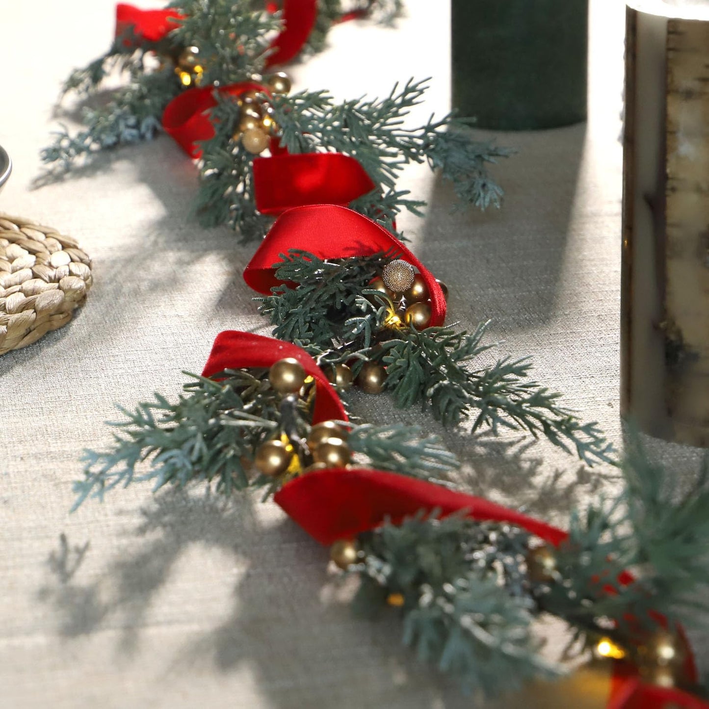 MIYA LIFE Evergreen Pine String Lights & Gold Berry 6.5FT & 25LEDs Lush Christmas Garland with Lights Battery Operated