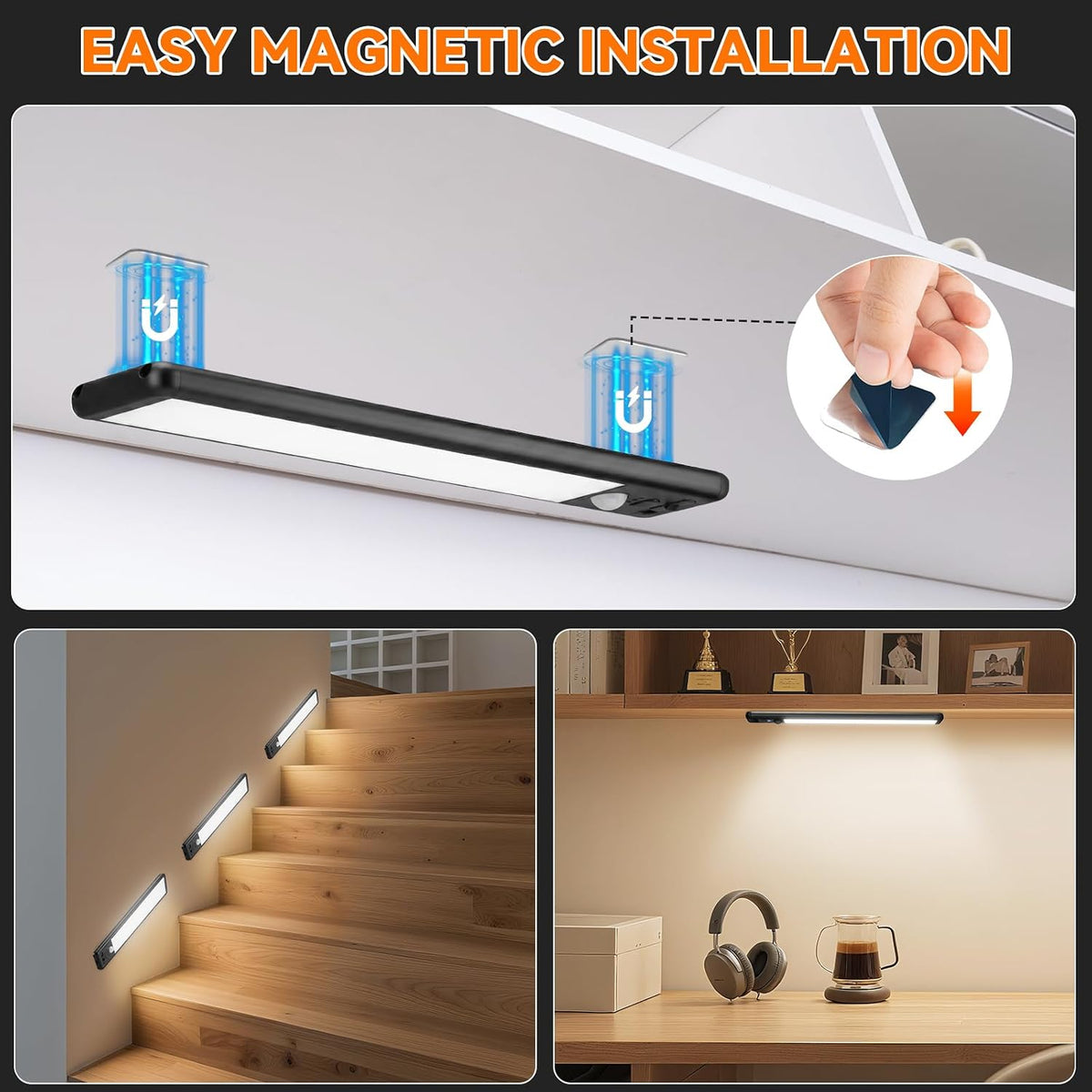 Under Cabinet Lighting Wireless, 10inch Motion Sensor Light, 3Pack-Black | Rechargeable, 3 Color Temps, Dimmable, Power