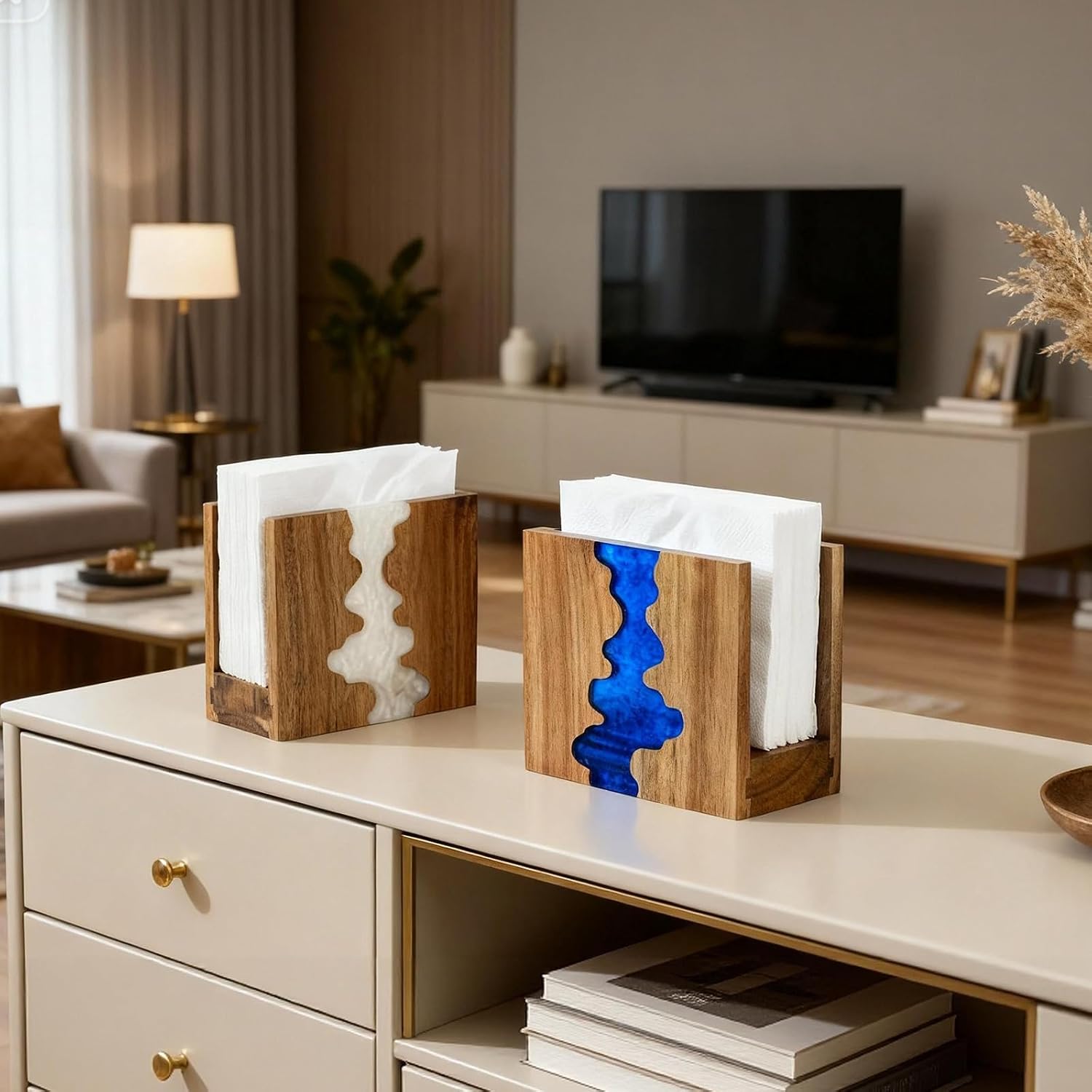 Acacia wood & Epoxy resin Napkin holder / Blue