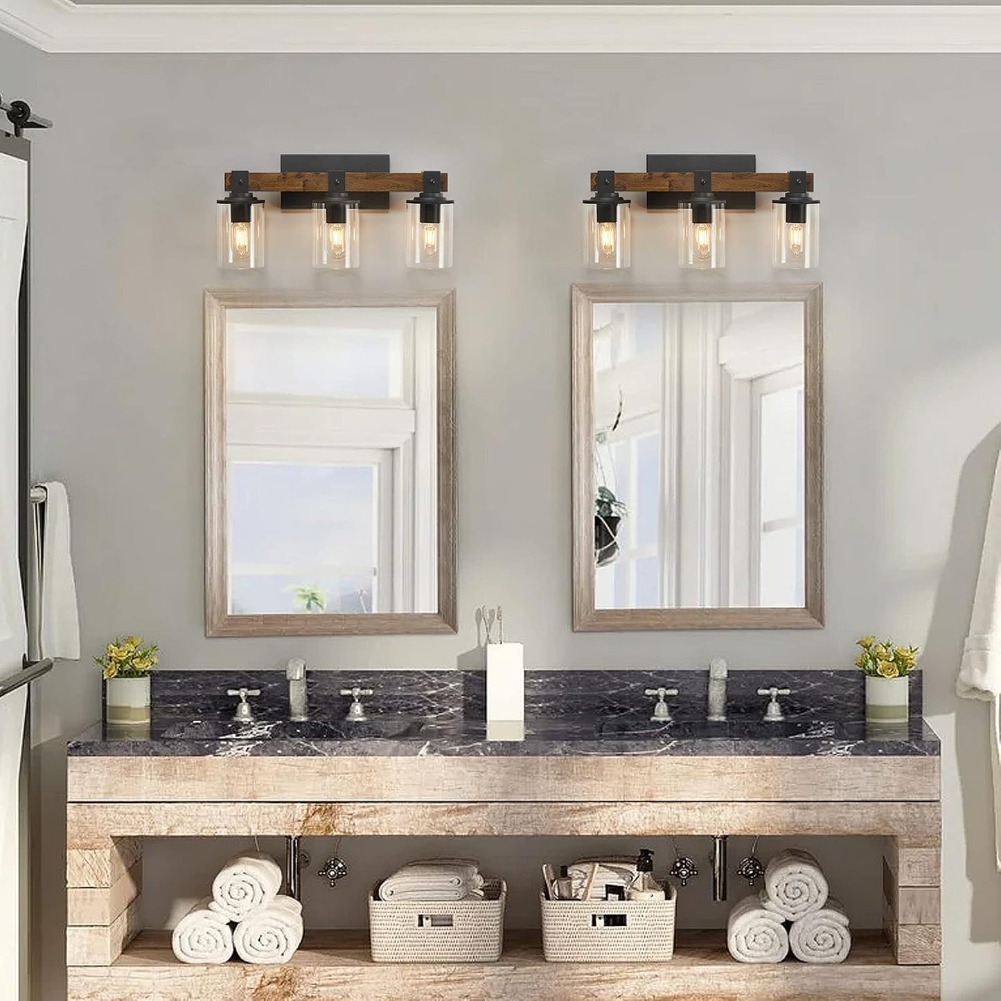 DUJAHMLAND Farmhouse Vanity Light Fixture,3-Light Bathroom Wood Wall Light Over Mirror with Clear Glass Shade, Rustic