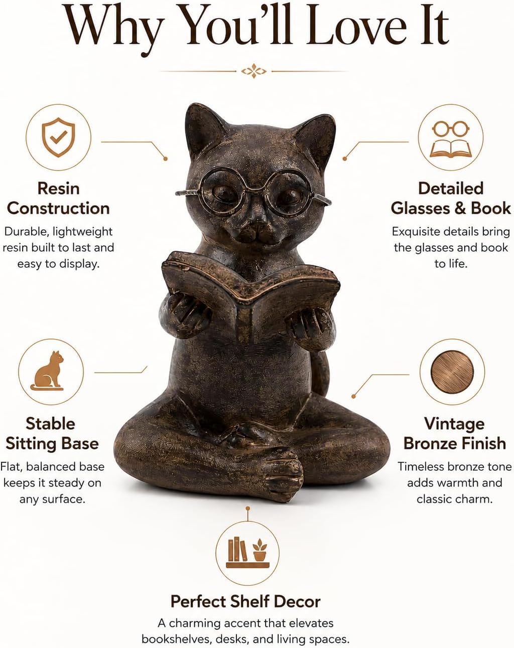 Cat Figurine Reading Book / Reading Cat / Bronze