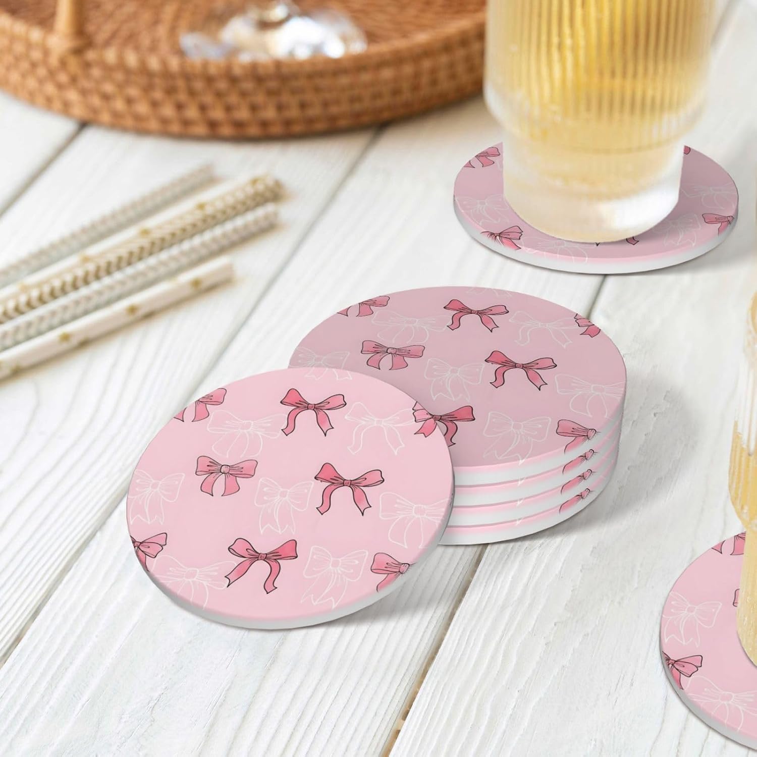 Absorbent Ceramic Cork Base Coasters Set Decorative 4.1 / Pink Bow / Set of 4
