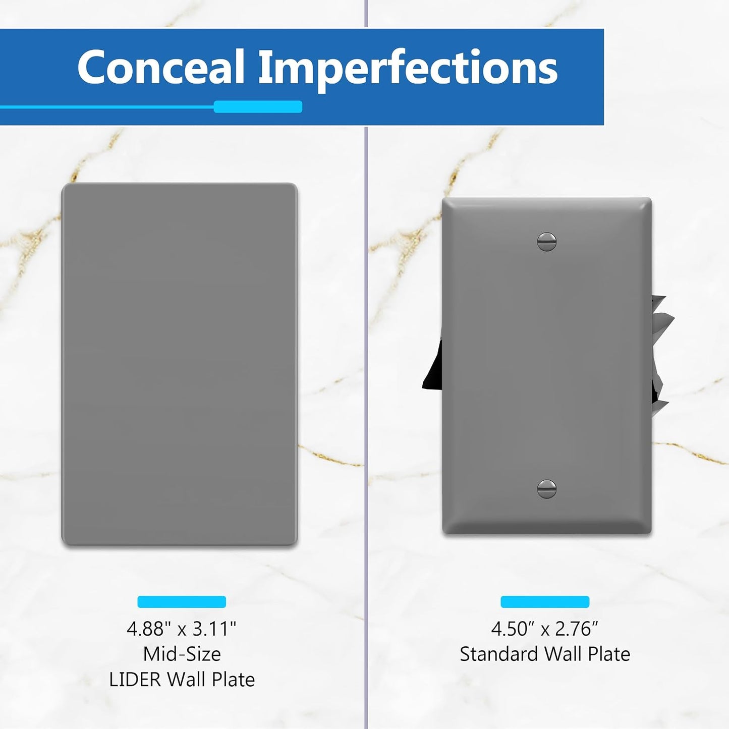 LIDER Blank Wall Plate, Screwless Design, 1-Gang, Matte Gray, 10-Pack | Temperature And Impact Resistant, Midsize
