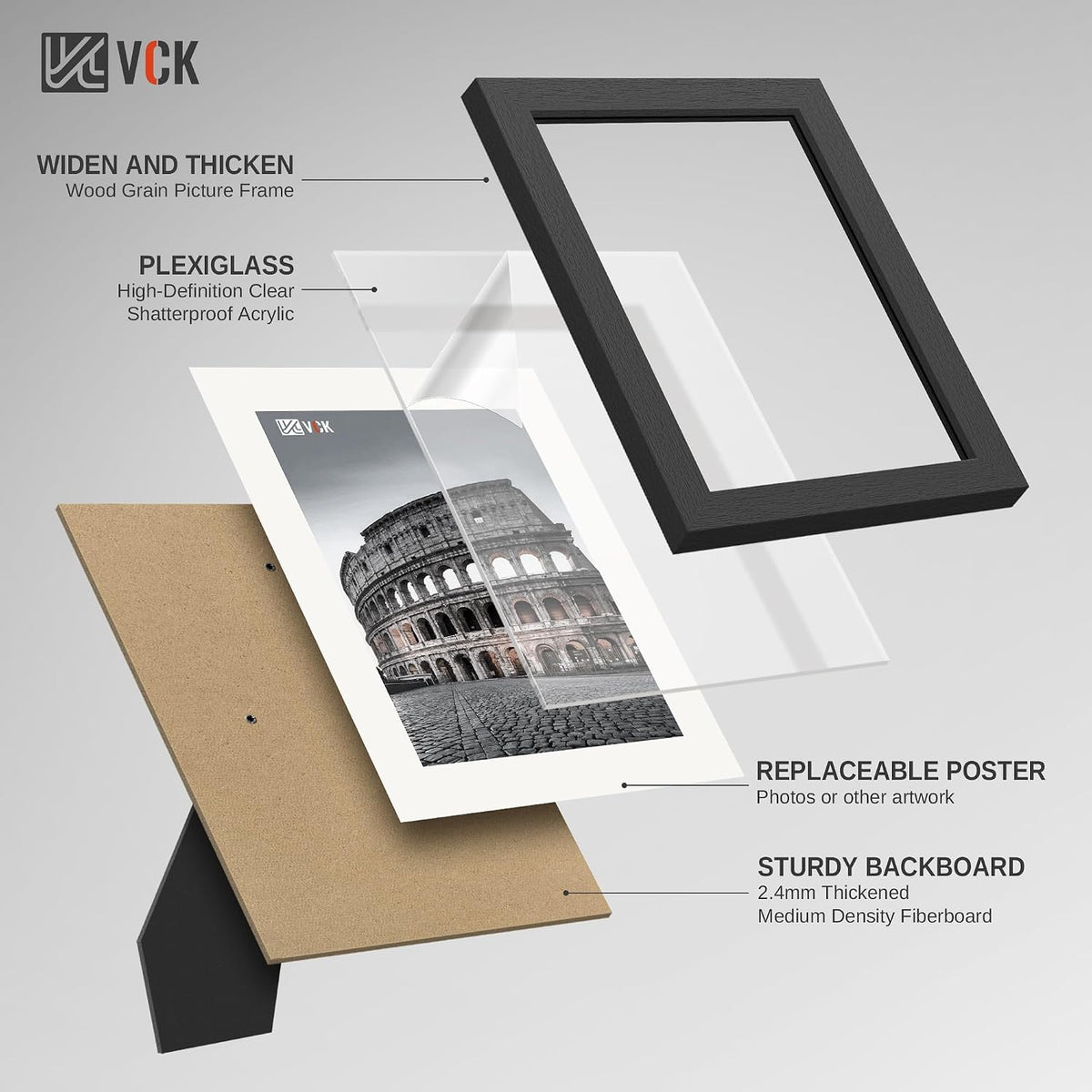 VCK 5x7 Picture Frame Black 4 Pack, Wide Thick Wood Border, for Photos | Exclusive Woodgrain, Wall/Tabletop, HD