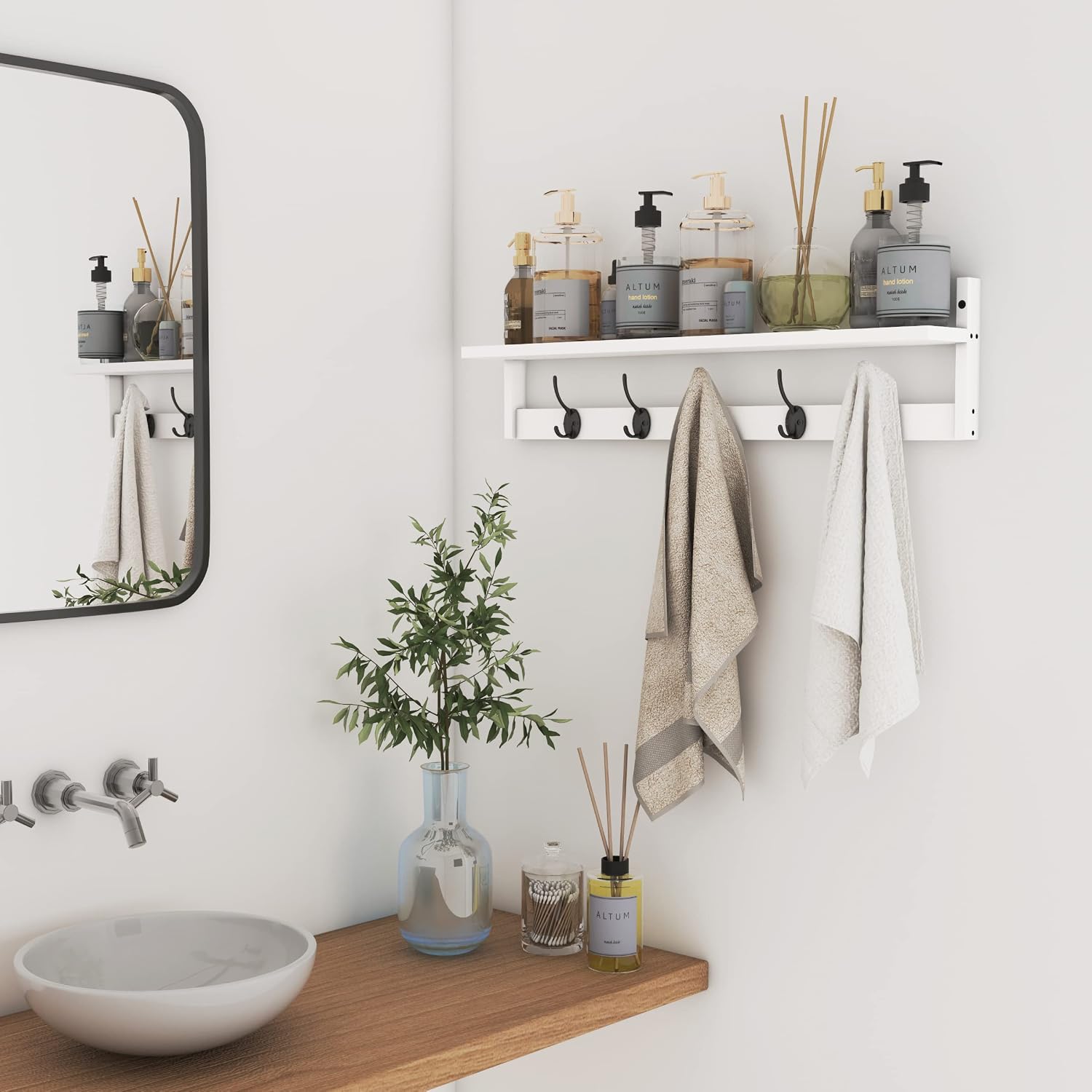 AMBIRD Wall Hooks with Shelf | Entryway Hanging Wood Coat Hooks | Wall-Mounted Rack with 5 Dual Hooks | Bathroom
