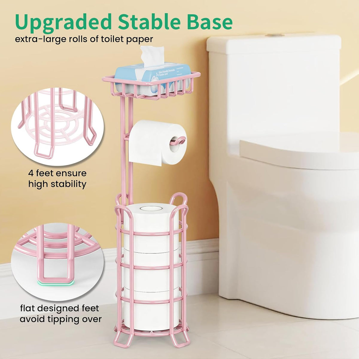 TomCare Toilet Paper Holder Free Standing with Shelf, Stable 4 Raised Feet | Stores 4 Mega Rolls, Tool-Free Assembly