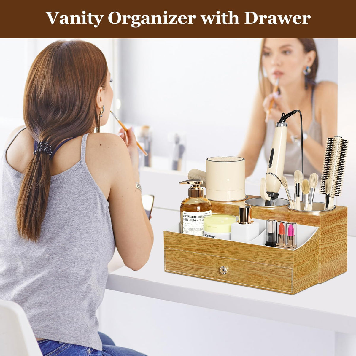 GFWARE Hot Hair Styling Tool Organizer with Drawer & 3 Cooling Cups, Wood | Hair Accessories Bathroom Vanity Storage
