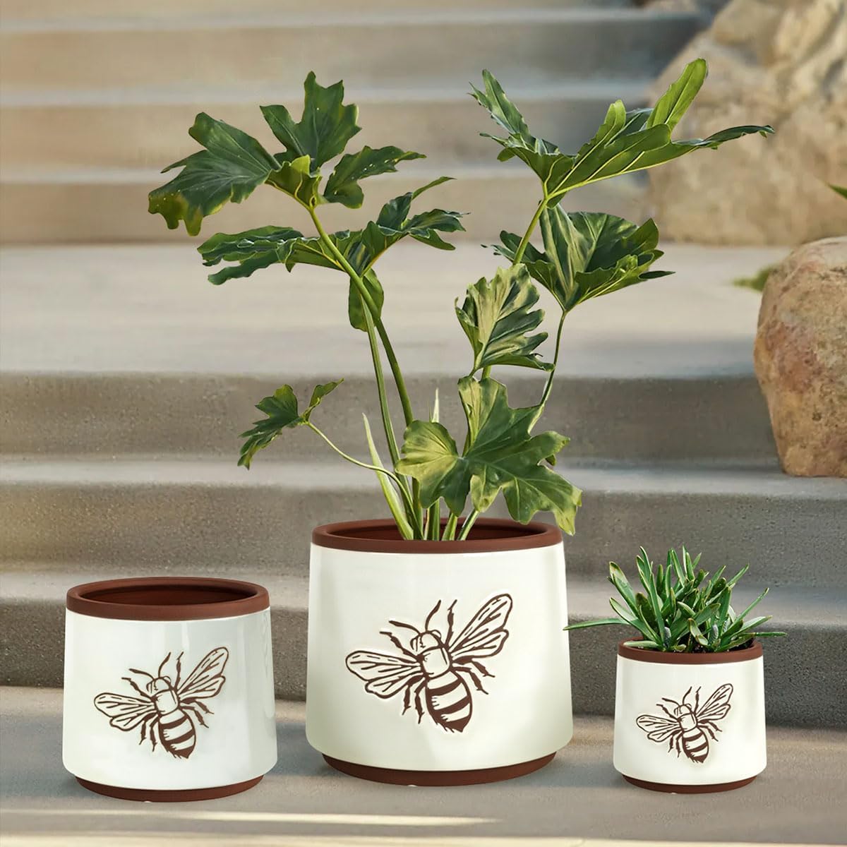 YBX Terracotta Pots / 8+6+4 Inch / White Bee