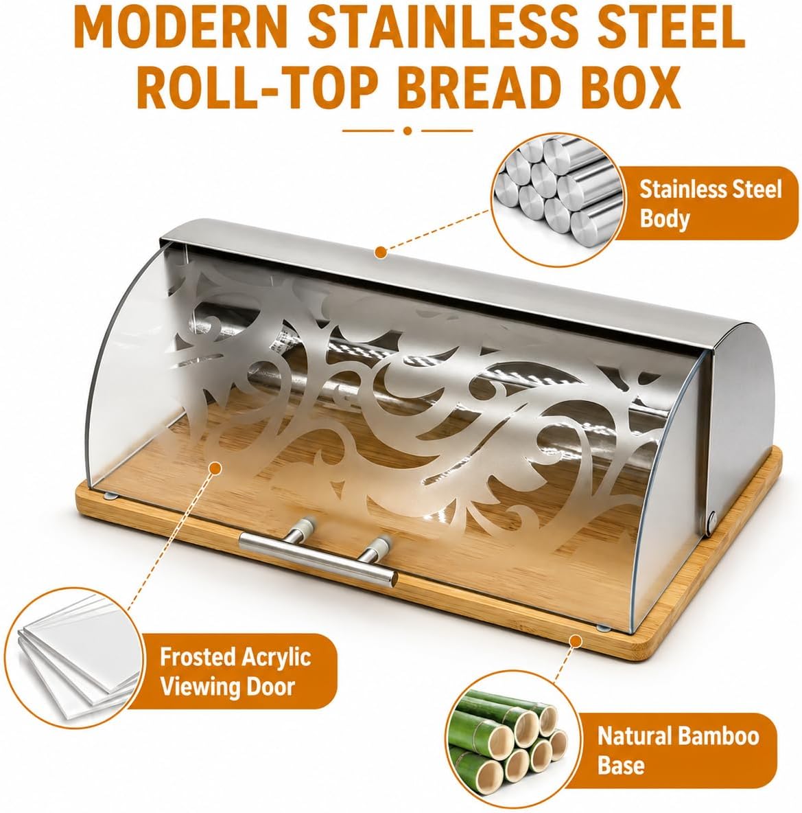Bread Box for Kitchen Countertop, Modern Stainless Steel Roll-Top M | Clear Acrylic Viewing Door with Frosted Pattern