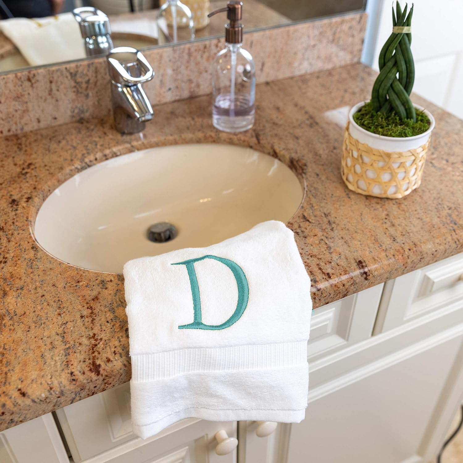 White with Teal Monogrammed Hand Towels for Bathroom - Set of 2 Letter D | Luxury Hotel Quality Initial Towels For
