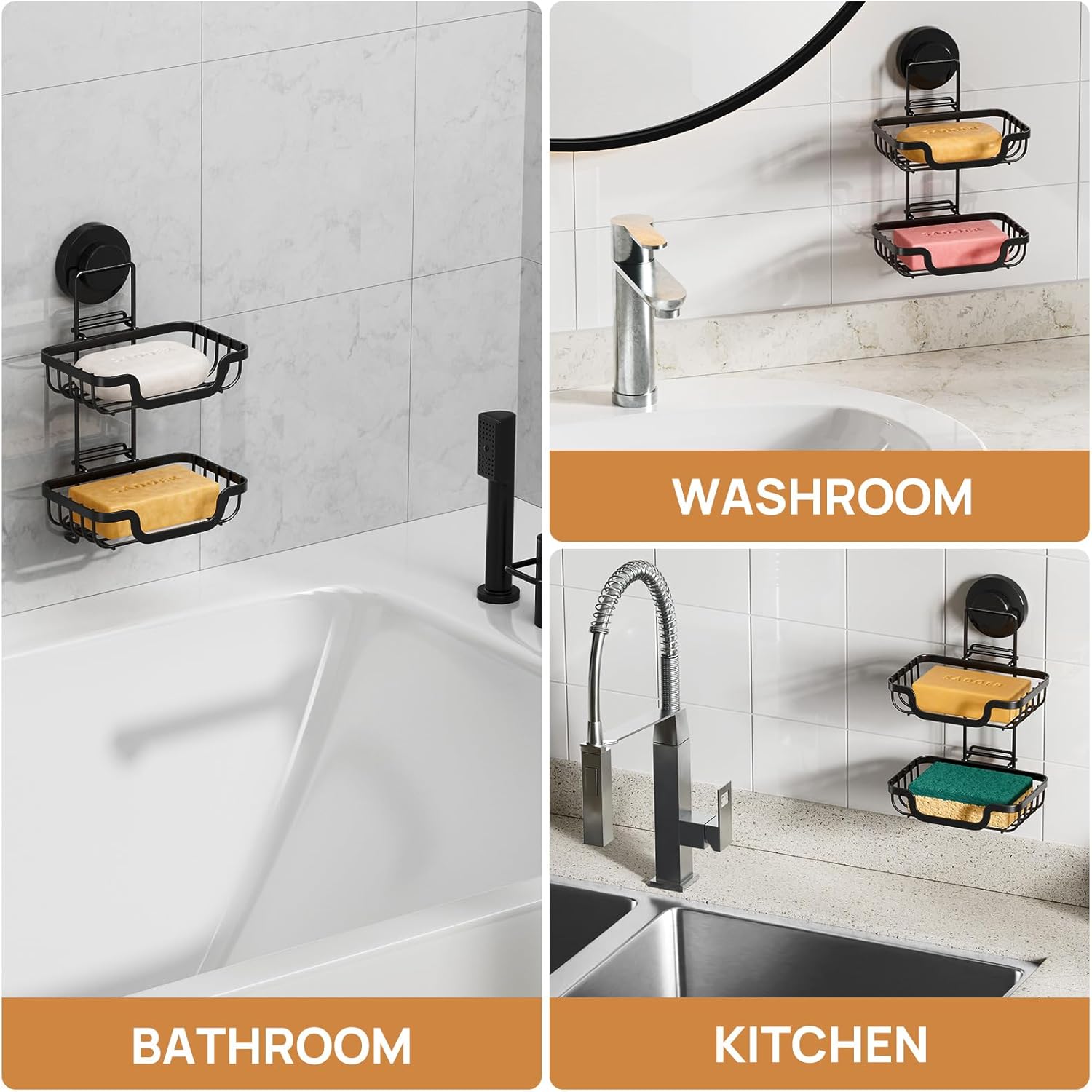 Bar Soap Holder for Shower Wall / Black / 2 Tire