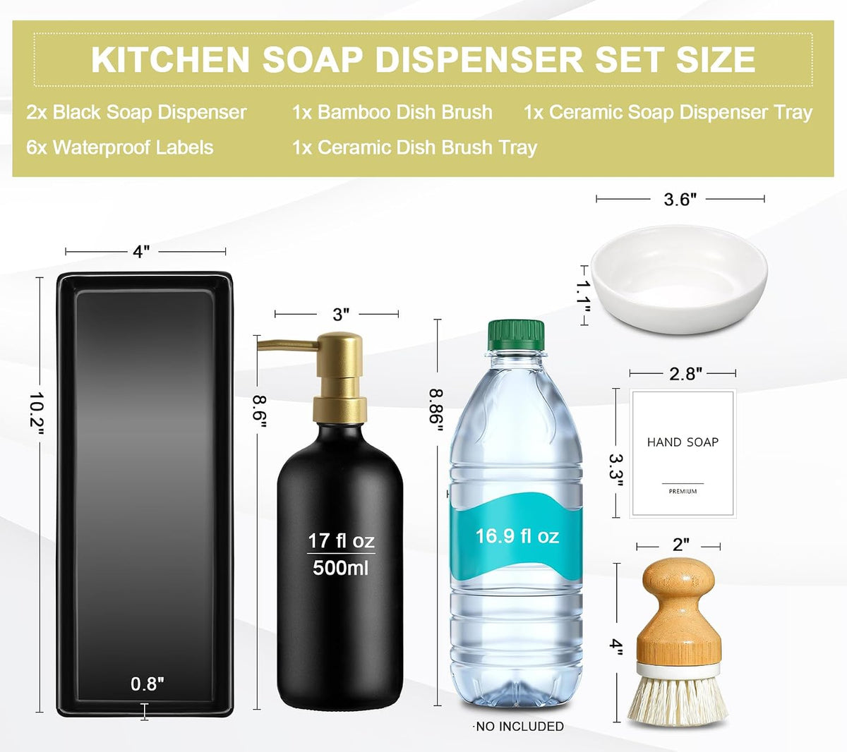 GMISUN Dish Soap Dispenser for Kitchen, 17 fl oz Dish Soap Dispensers with Ceramic Tray & Bamboo Brush & Gold Pump