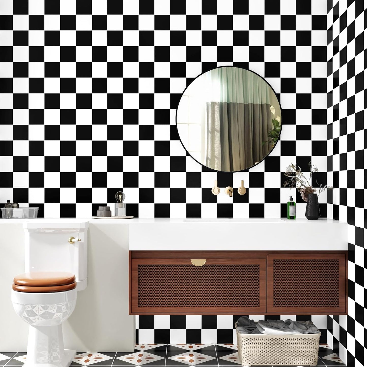 White Checkered Wallpaper Modern Geometric Peel and Stick Wallpaper Lattice / 15.8 x 236 / Black