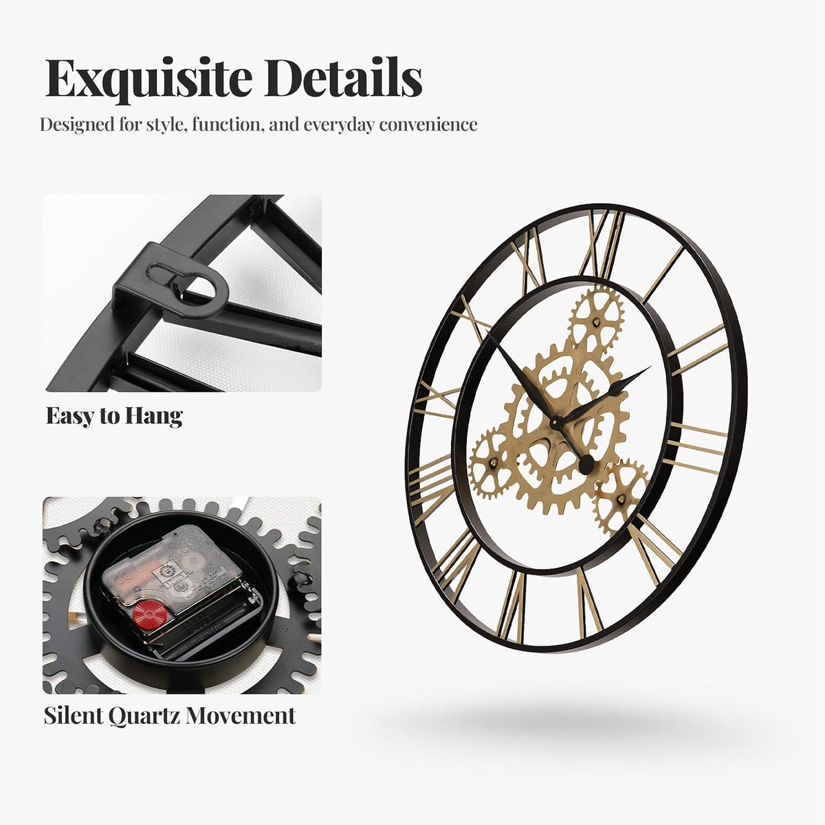 Cuspin 30 Inch Large Wall Clock Black Gold Roman Numeral Gears Wall Clock | Decorative gears, silent non ticking