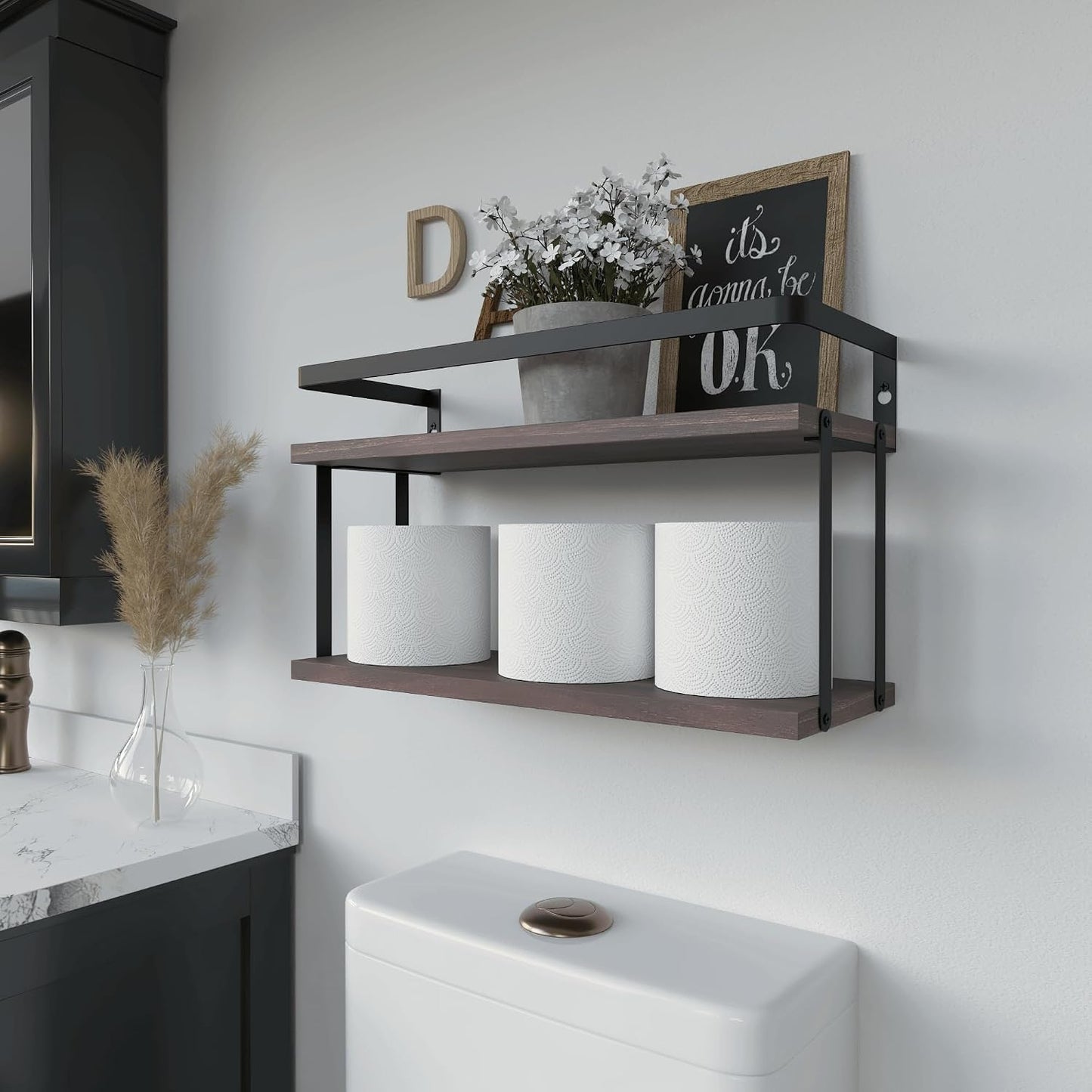 RICHER HOUSE Floating Shelves Bathroom, Wall Mounted Shelf Over Toilet | Dual-Level, with Metal Guard-Rail, Organizers