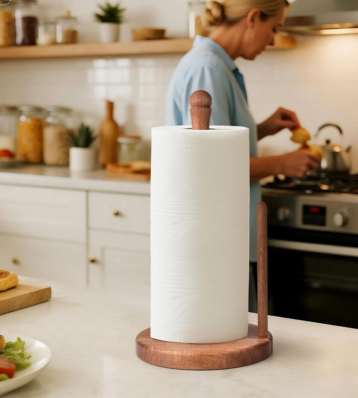 Farmhouse Acacia Wood Paper Towel Holder Countertop, Weighted Base for Kitchen & Bathroom, One-Handed Operation, Wooden